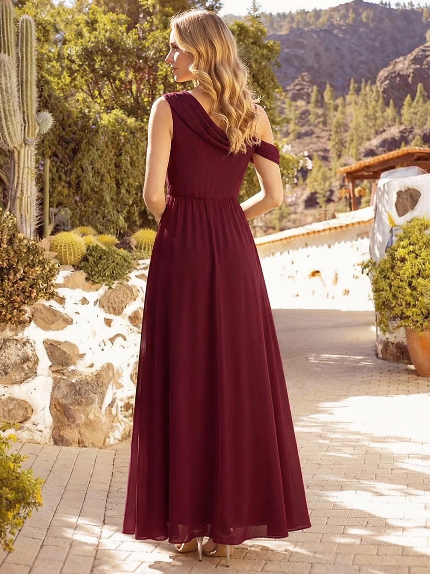 Ever-Pretty Robes de Demoiselle d'honneur Col Asymétrique Manches Courtes Mousseline Maxi Robe évasée ES02704