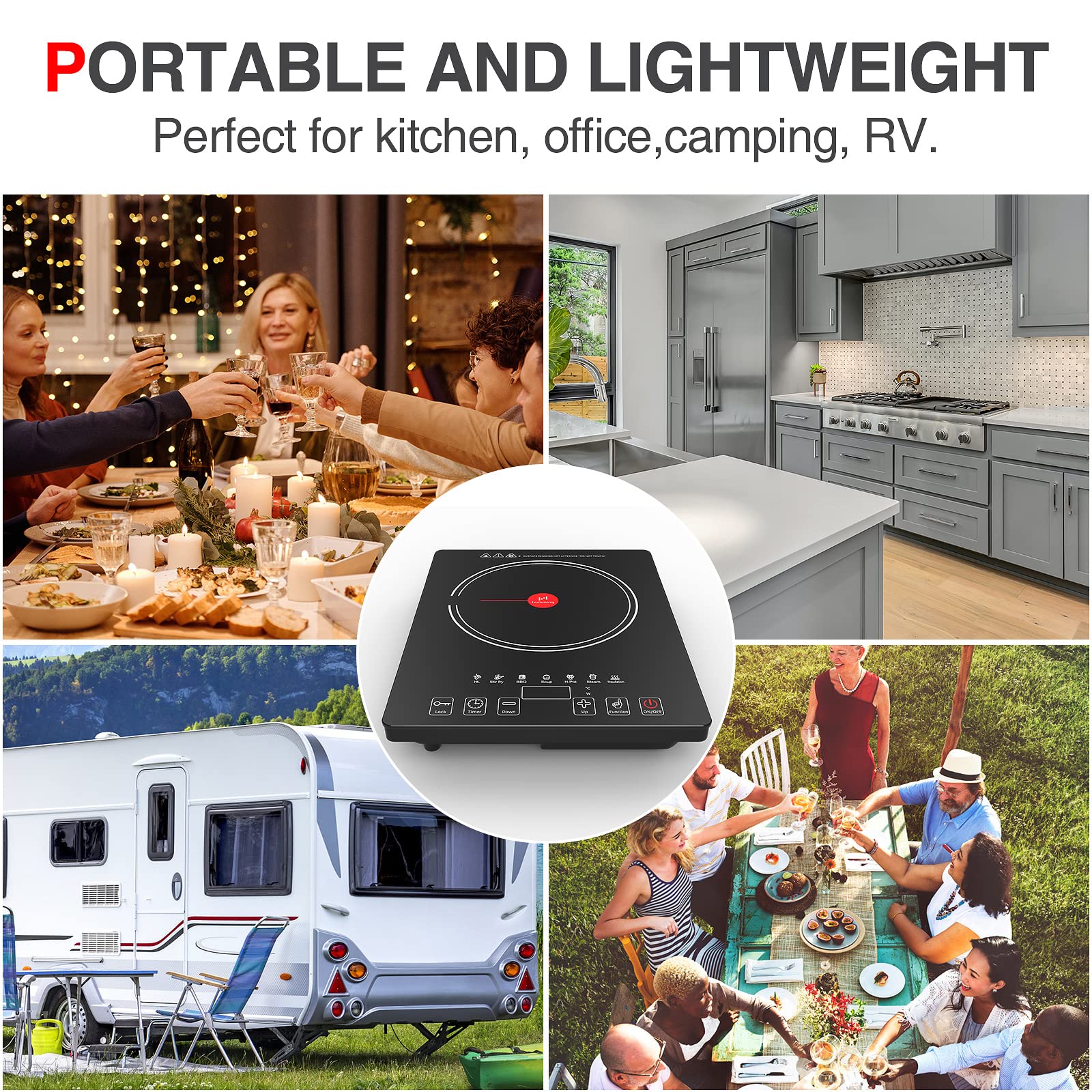 Placa de cocina eléctrica, estufa eléctrica portátil de 1800 W con pantalla táctil LED, 8 niveles de potencia y 8 niveles de temperatura, temporizador, placa caliente de 110 V-120 V para campamento en 8