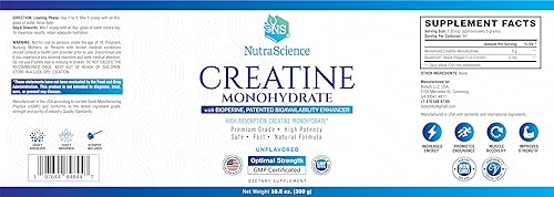 Miniatura 5 de NutraScience Monohidrato de creatina en polvo con BioPerine, apoya el crecimiento y la recuperación muscular magra, 60 porciones, 5000 mg por