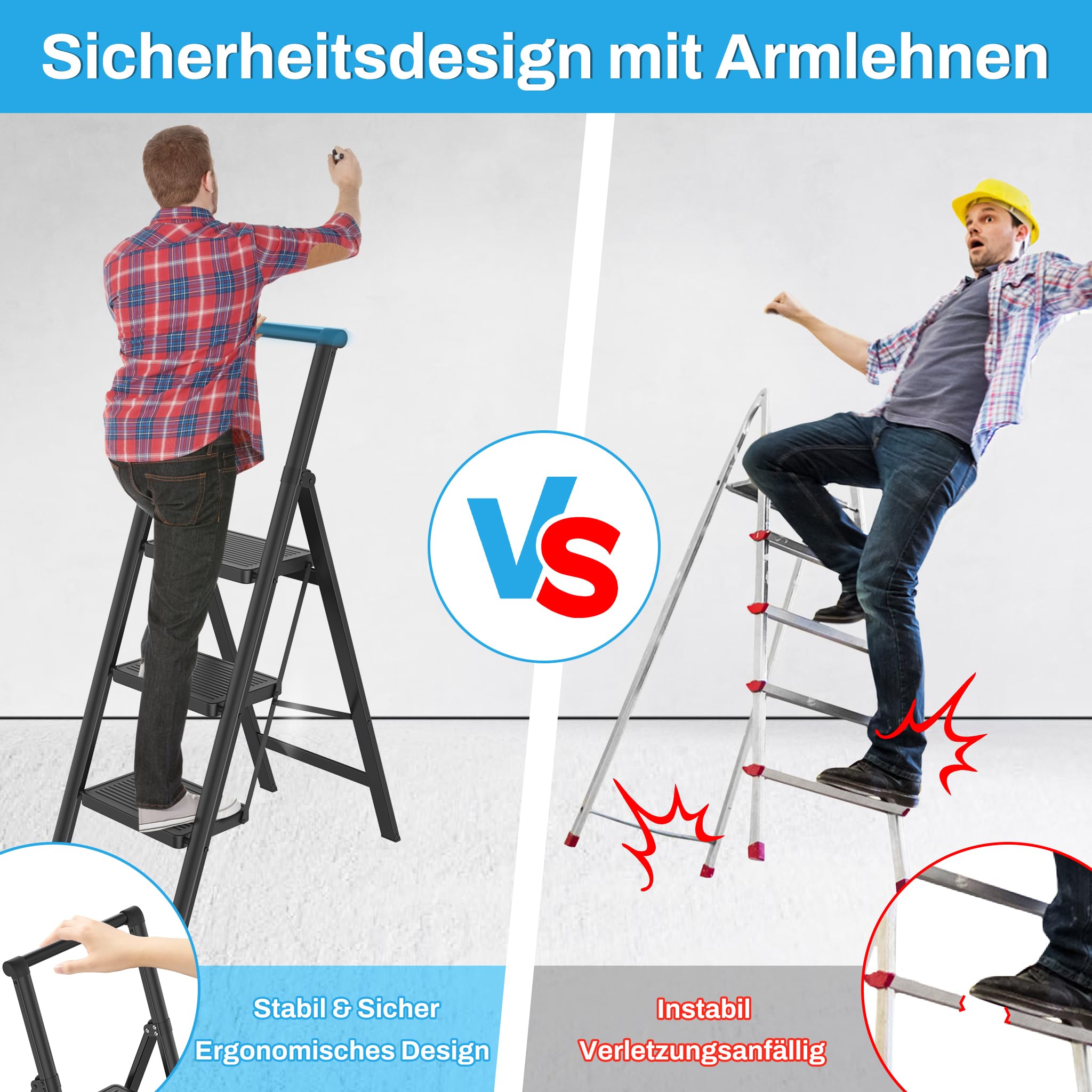 Froadp Trittleiter 3 Stufen Klappbar rutschfeste Stehleiter Eisen Klappleiter Multifunktionale Leiter mit Handlauf Tritthocker Haushaltsleiter für Haus Küche und Außenbereich Belastbar bis 250 kg