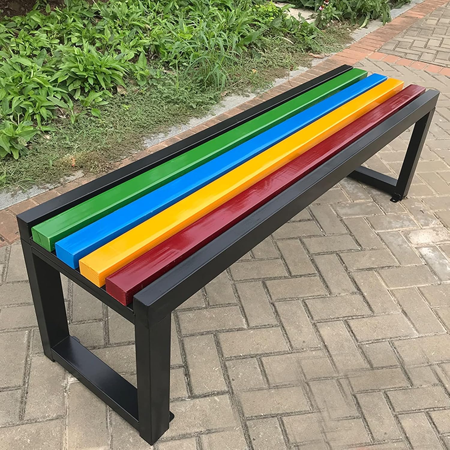 Benches Garden Bench Outdoor Patio Seating Backless Park Chair Lawn Path Slatted Seats,Classic Rainbow Outdoor Garden Bench - Wood & Plastic Minimalist Design Comfortable Backless Stool for