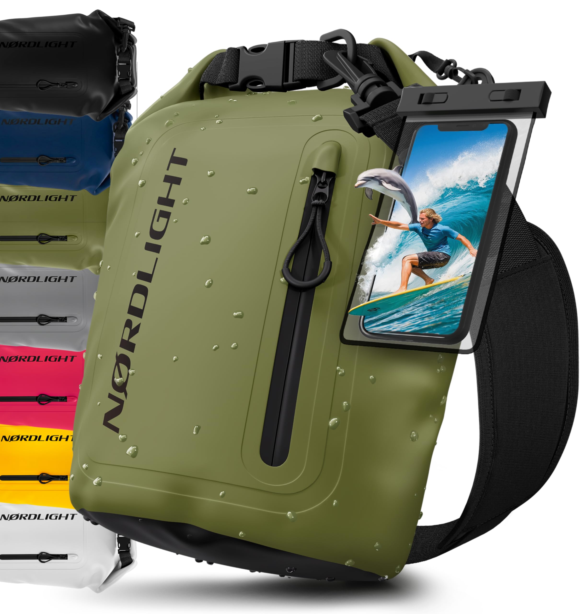 Nordlight Dry Bag wasserdichte Tasche mit Handyhülle + Roll-Top, Schultergurt | Drybag wasserfester Rucksack Beutel Packsack Seesack Wassersack Wetbag | Baden Schwimmen Strand SUP – Olivgrün, 5 Liter