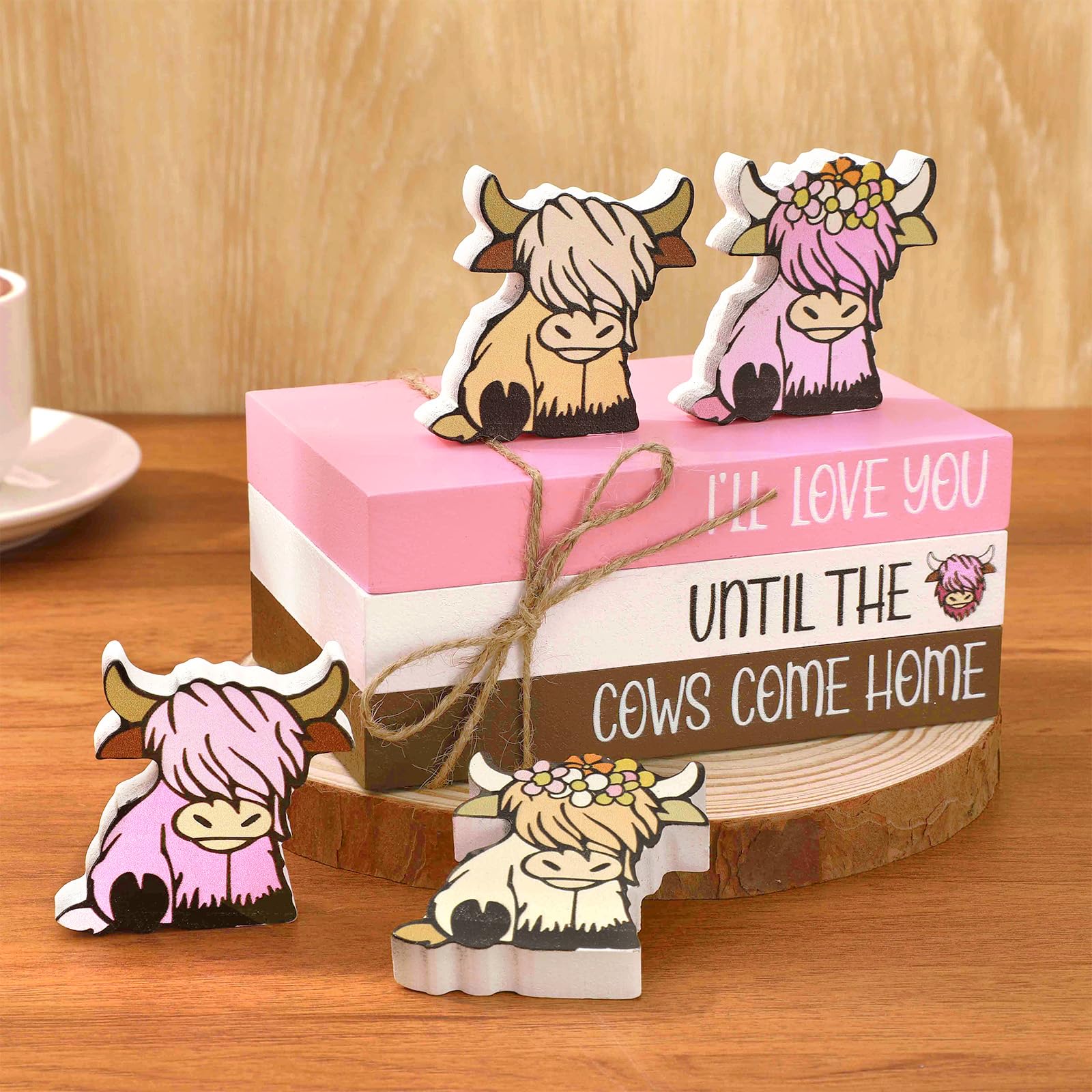 Whaline Pink Highland Cow Wooden Tiered Tray Decor Farmhouse Valentine's Day Decorations Decorative Faux Stacked Books Rustic Table Centerpiece Block Signs for Party Home Kitchen Dining Table