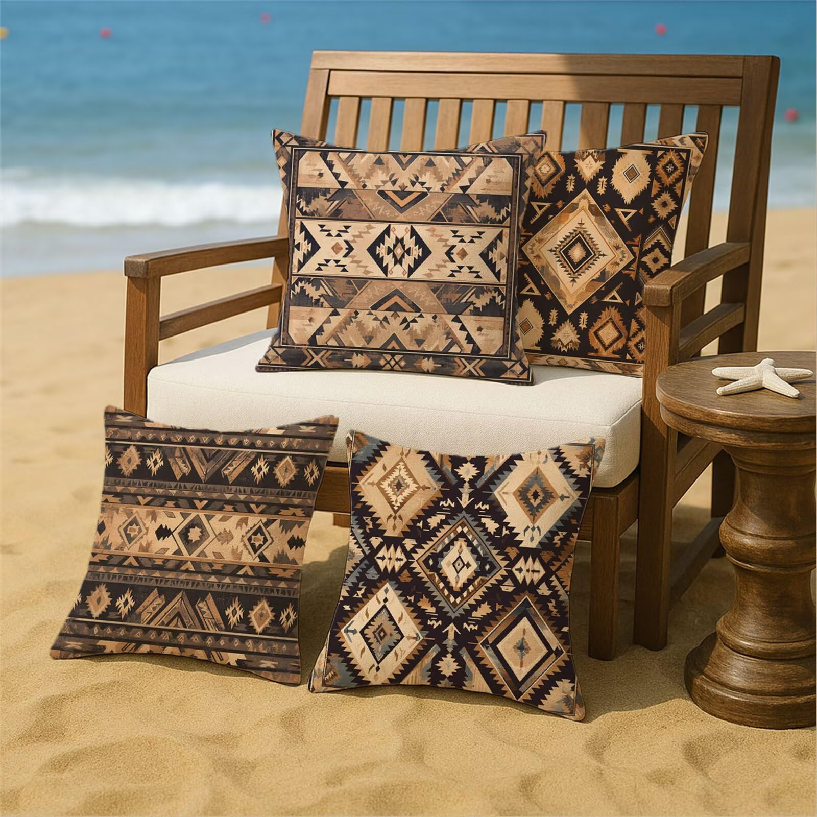 Outdoor Kissen Beige Kissenbezug 60x60 cm 4er Set Balkon Dekokissen Böhmen Outdoor Kissenhülle Wasserdichte Samt Doppelseitiger Gedruckte Sofakissen Garten Balkon Zierpolster OutdoorDeko, Gifts z-815