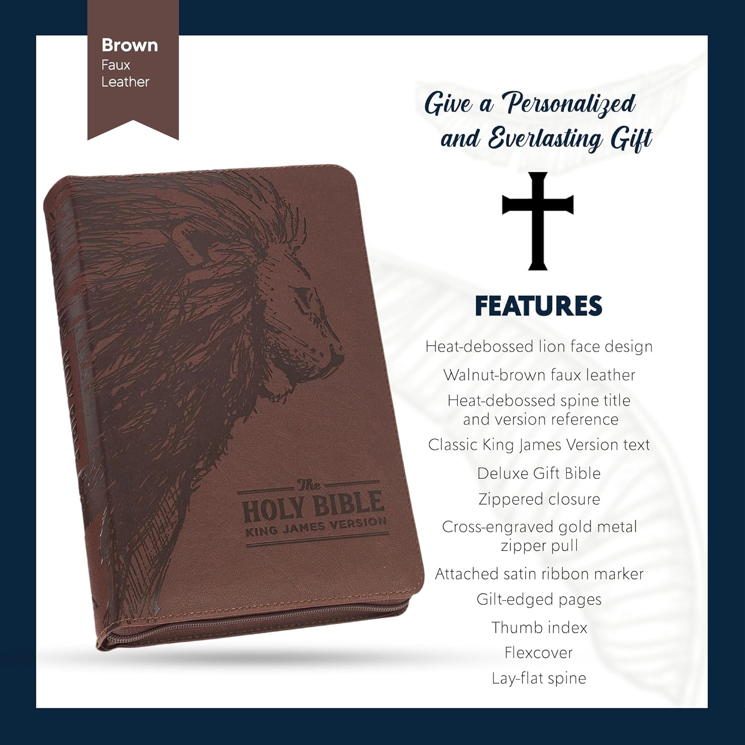 Personalized KJV Deluxe Holy Bible Walnut Brown Faux Leather Medium Print Size with Lion Head Design, Zipper and Index Tabs Custom with Name, Date or Text | Gift for Christian & Religious Celebrations