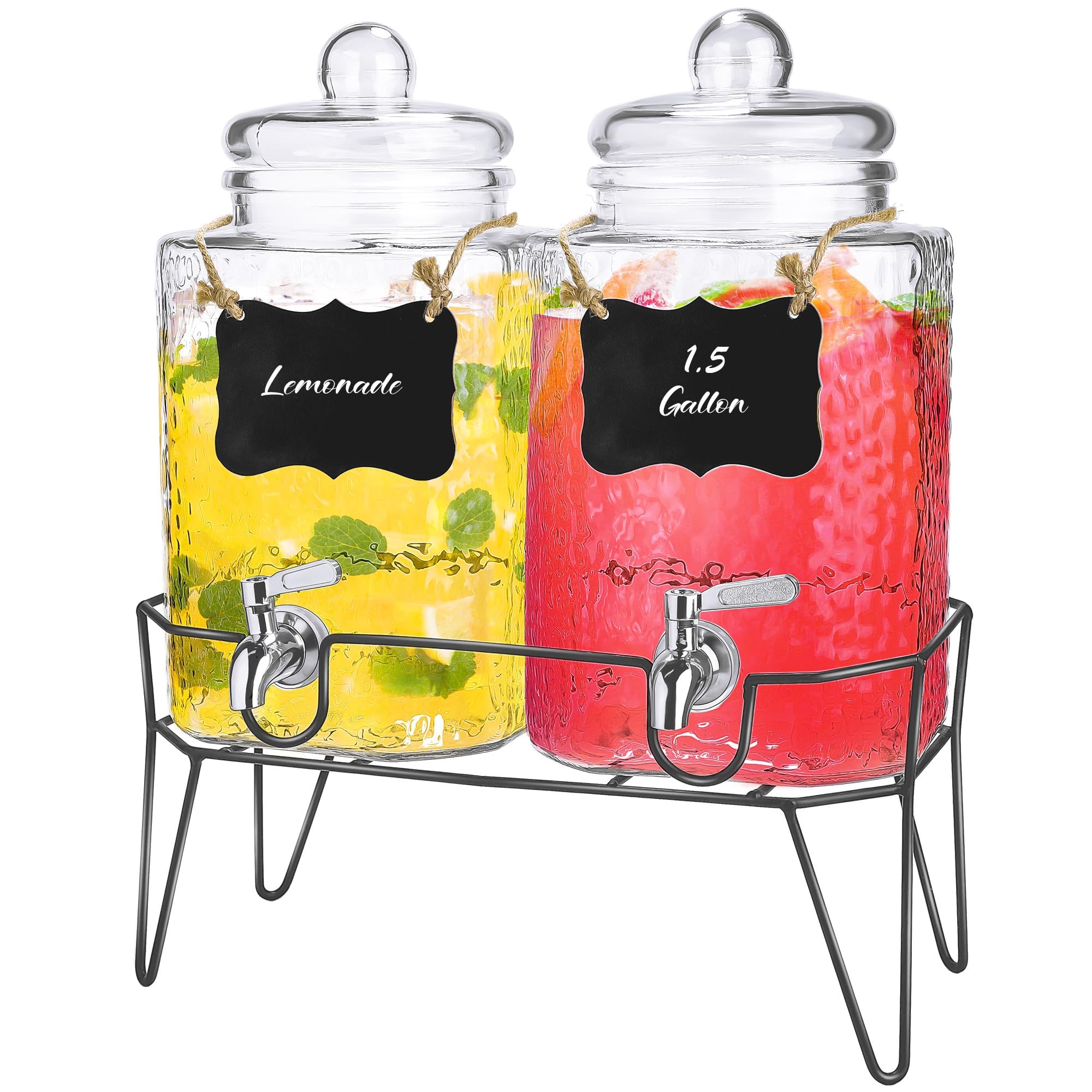 Kochorie Distributore di bevande in vetro da 1,5 galloni, confezione da 2 dispenser per bevande con supporto e beccuccio in acciaio inox, per feste, matrimoni