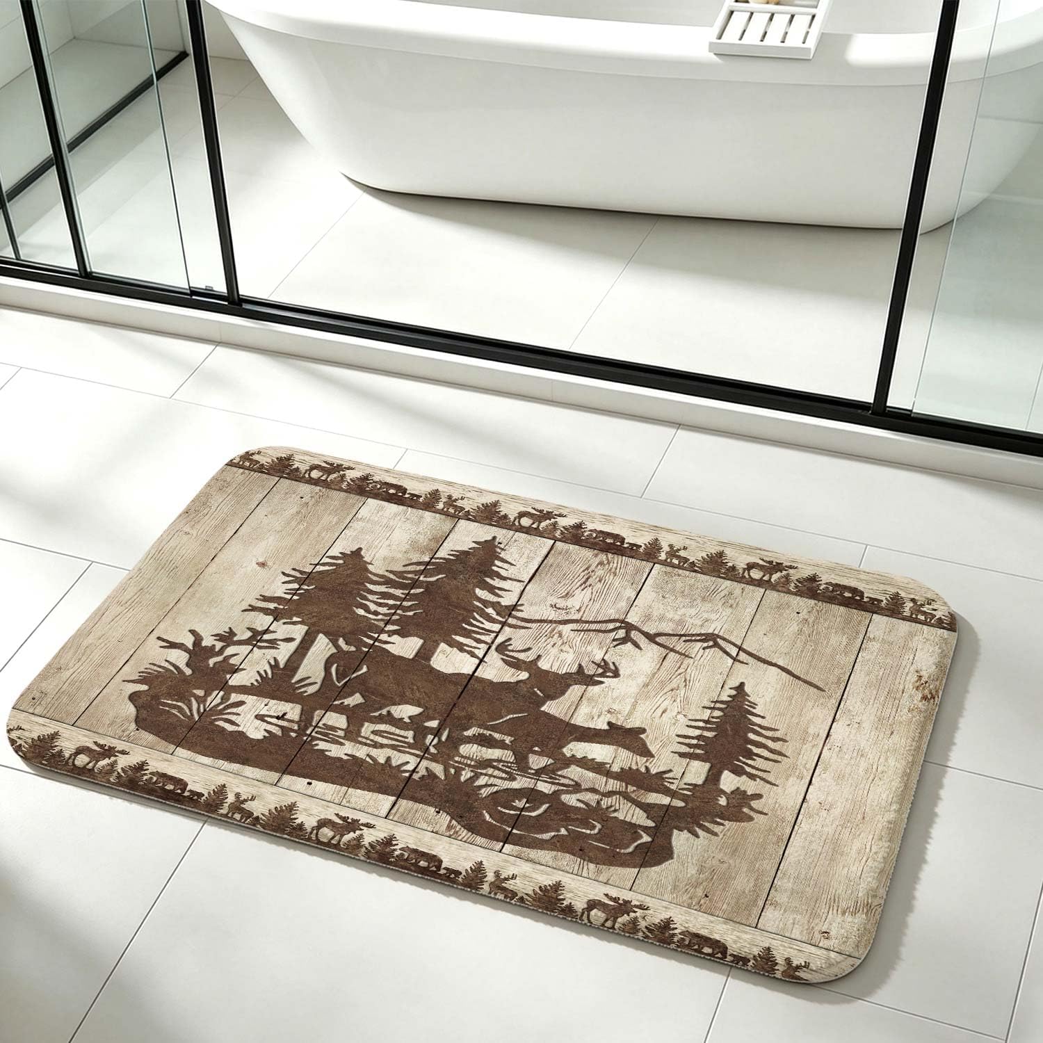 Rustic Cabin Deer Bath Mat 17x29 Inch, Vintage Wooden Plank Deer Elk Pine Tree Mountain Wildlife Silhouette Non Slip Bathroom Rug, Farmhouse Lodge Woodland Animal Floor Mat for Kitchen Bedroom