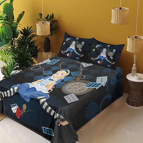 Miniatura 5 de Ambesonne Alicia en el país de las maravillas, tarjetas voladoras sentadas de niña gigante adulta y dibujos animados a cuadros de rosas, sábana