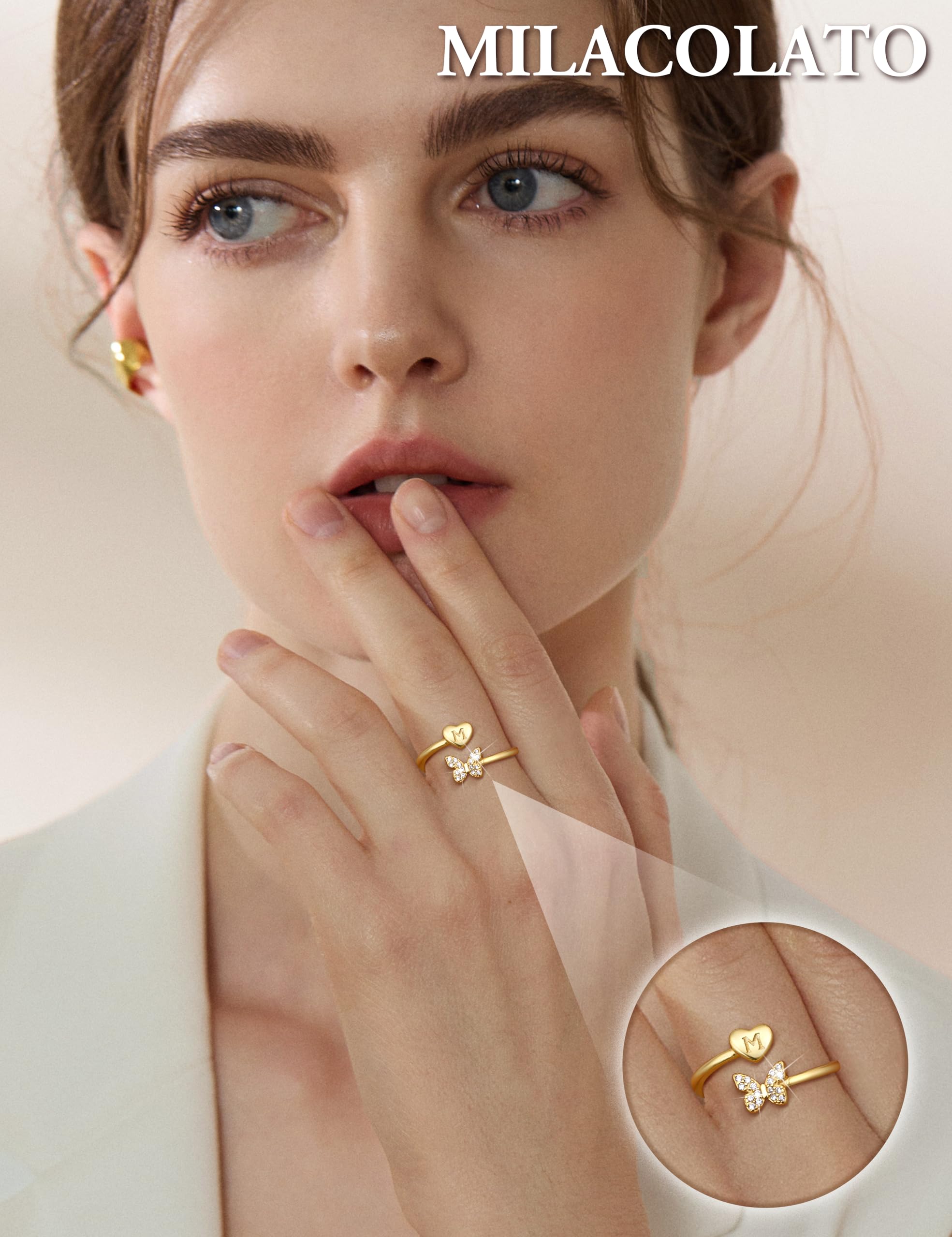 WBDWWTD MILACOLATO Ringe aus 925er-Sterlingsilber für Damen und Mädchen, hypoallergen, verstellbar, Versprechensringe mit Anfangsbuchstaben, Gold, offenes Schmetterlings-Design, stapelbarer Ring, 18