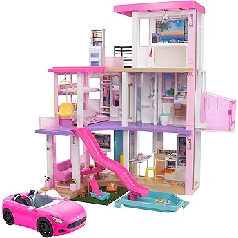 Barbie DreamHouse Dollhouse with 70+ Accessories, Working Elevator & Slide, Lights & Sounds + Barbie Car “Electric Vehicle” with Charging Station and Plug