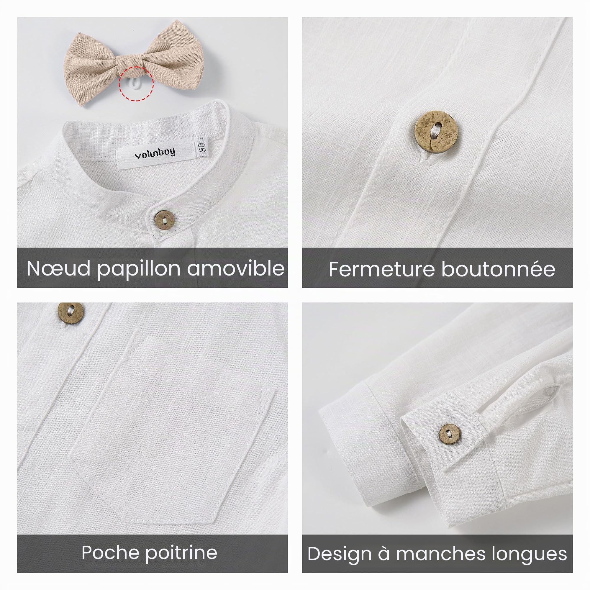 Volunboy Ensemble Costume Bébé Garçon, Coton Lin Cérémonie Formel Mariage 4 Pièces Noeud Papillon Chemise + Pantalon Bretelle