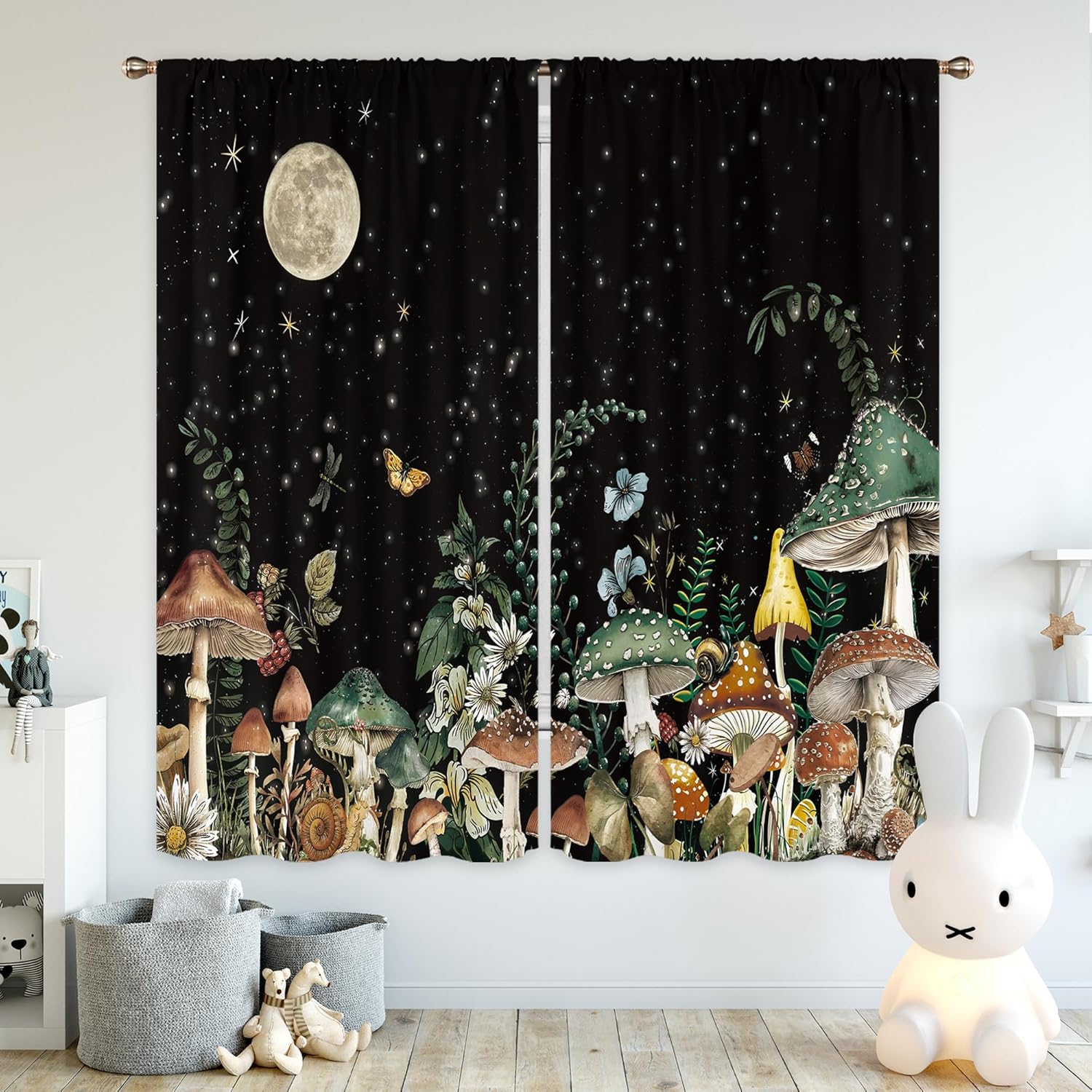 Miyotaa Fairy Night Mushroom Curtains 2 Panels 42W x 63H Rod Pocket Mysterious Moon Witchy Plant Botanical Polyester Window Drapery Treatment for Bedroom Living Room