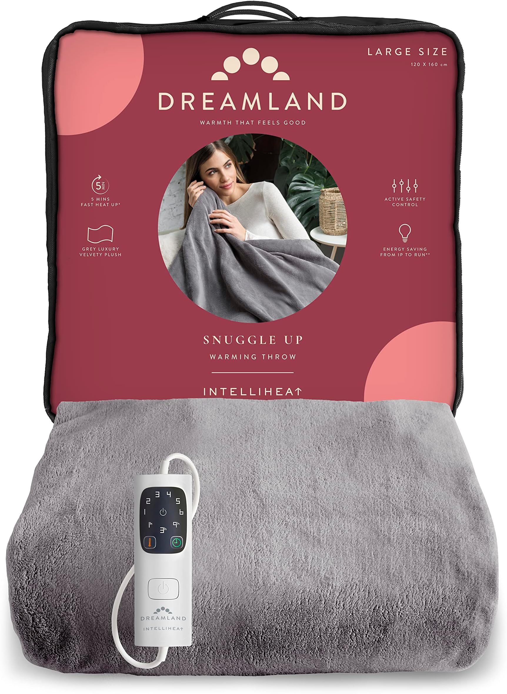 Dreamland Snuggle Up Electric Throw - Grey, 5 Minute Fast Heat Up, Luxury Velvet Plush, 1 Control, 6 Temperature Settings with Timer, Machine Washable and Tumble Dry Safe, 160x120cm