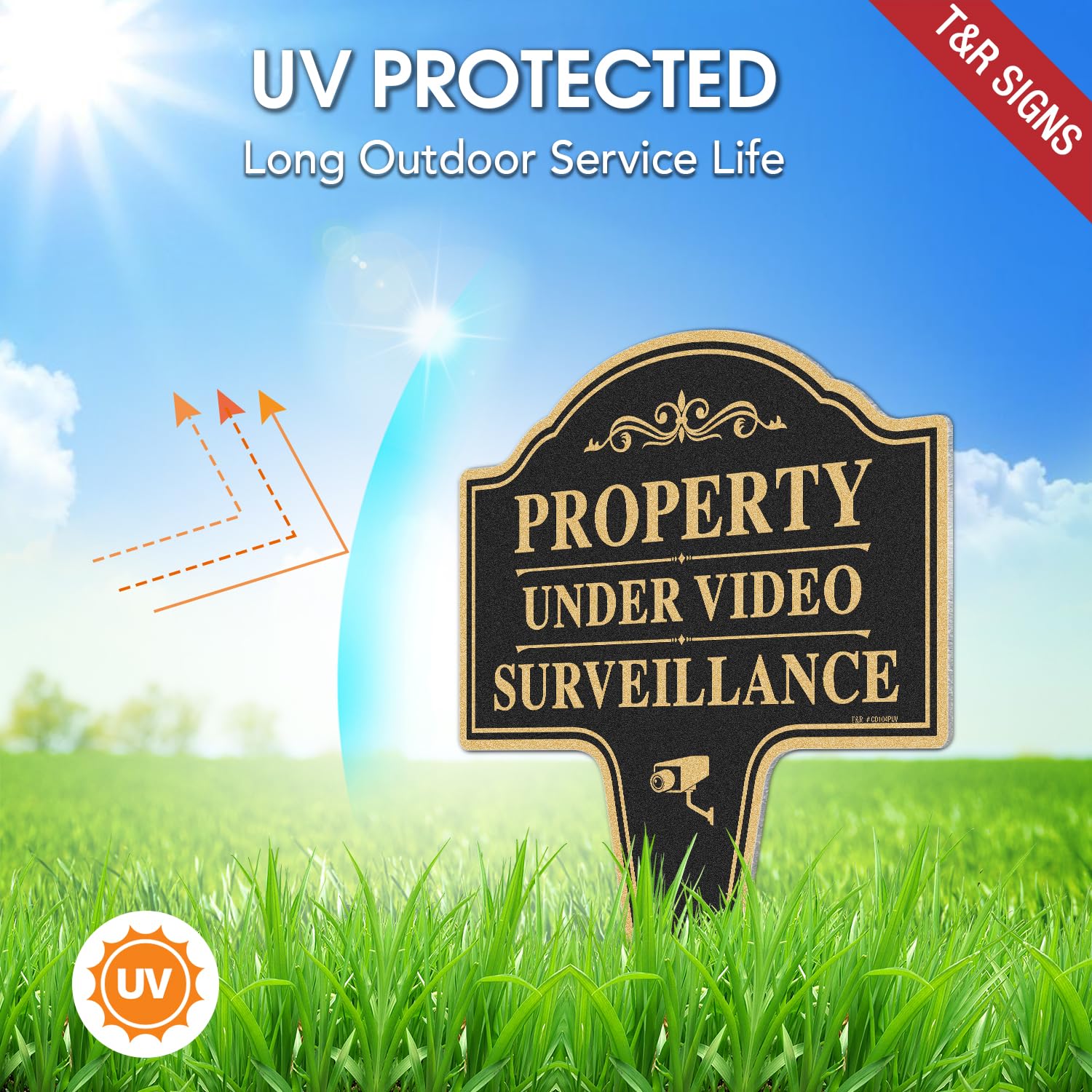 T&R Large Property Under Video Surveillance - Letrero de aluminio pesado con estaca, paquete de 2, 14 x 10 pulgadas, libre de óxido, para exteriores, protección UV, impermeable y resistente a la