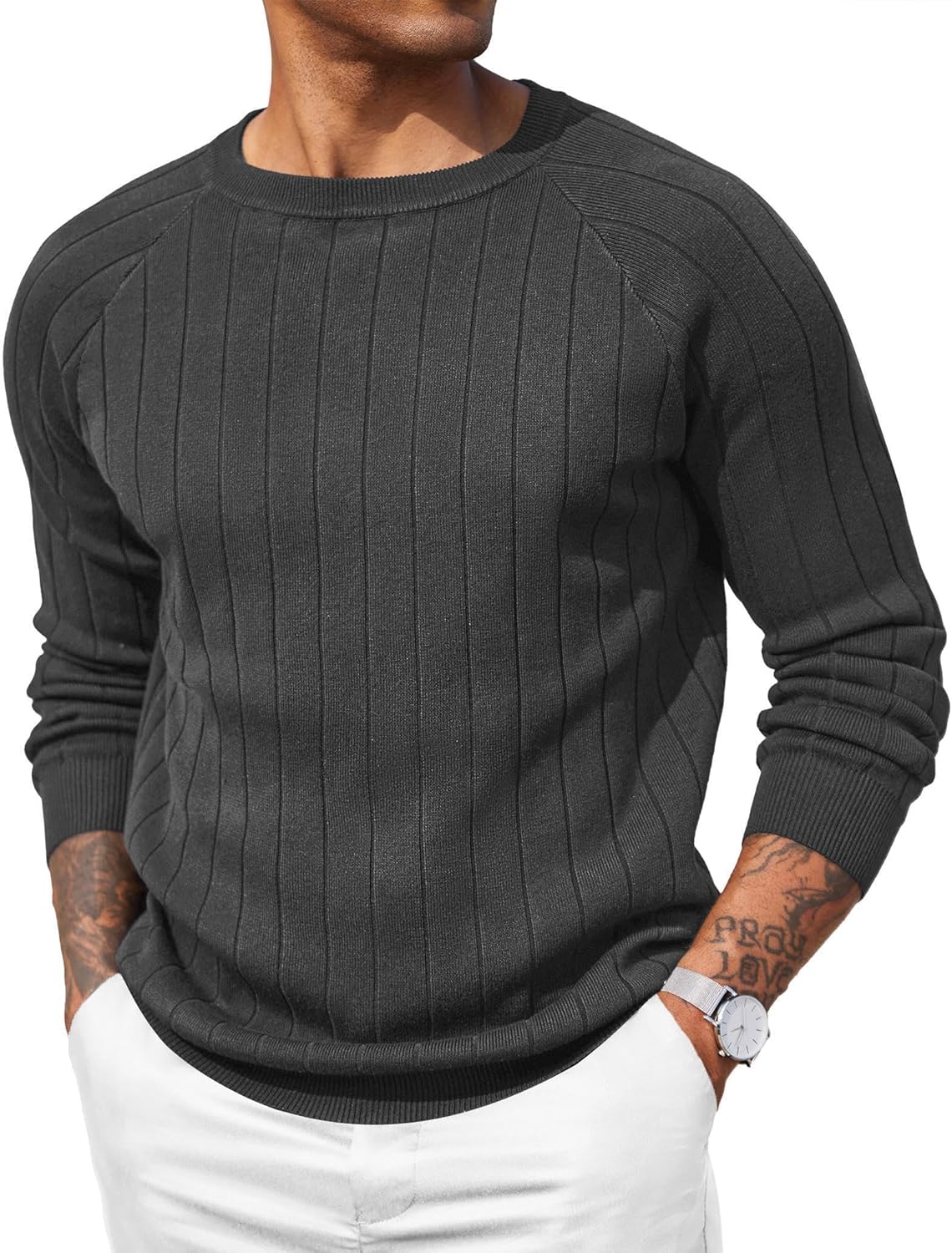 COOFANDY Mens Crewneck Pullover Sweaters Business Casual Long Sleeve Slim Fit Sweater Chunky Cable Knit Sweater