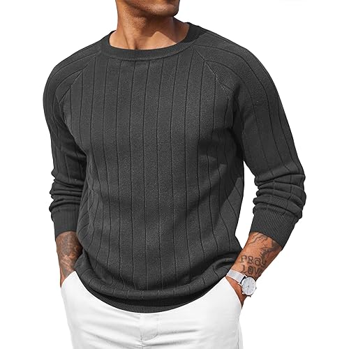 COOFANDY Mens Crewneck Pullover Sweaters Business Casual Long Sleeve Slim Fit Sweater Chunky Cable Knit Sweater