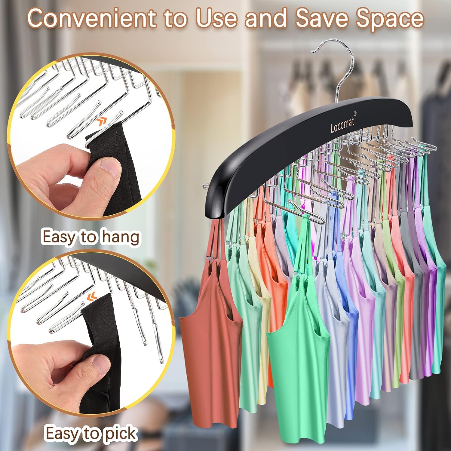 2Pcs Tank Top Hanger,Wood Bra Hanger with 24 Foldable Metal Hooks,360° Rotating Tank Hook,Tie Racks for Men Closet,Space Saving Closet Organizer for Tank Top Bra Tie Belt Scarf Camisole,Coffee