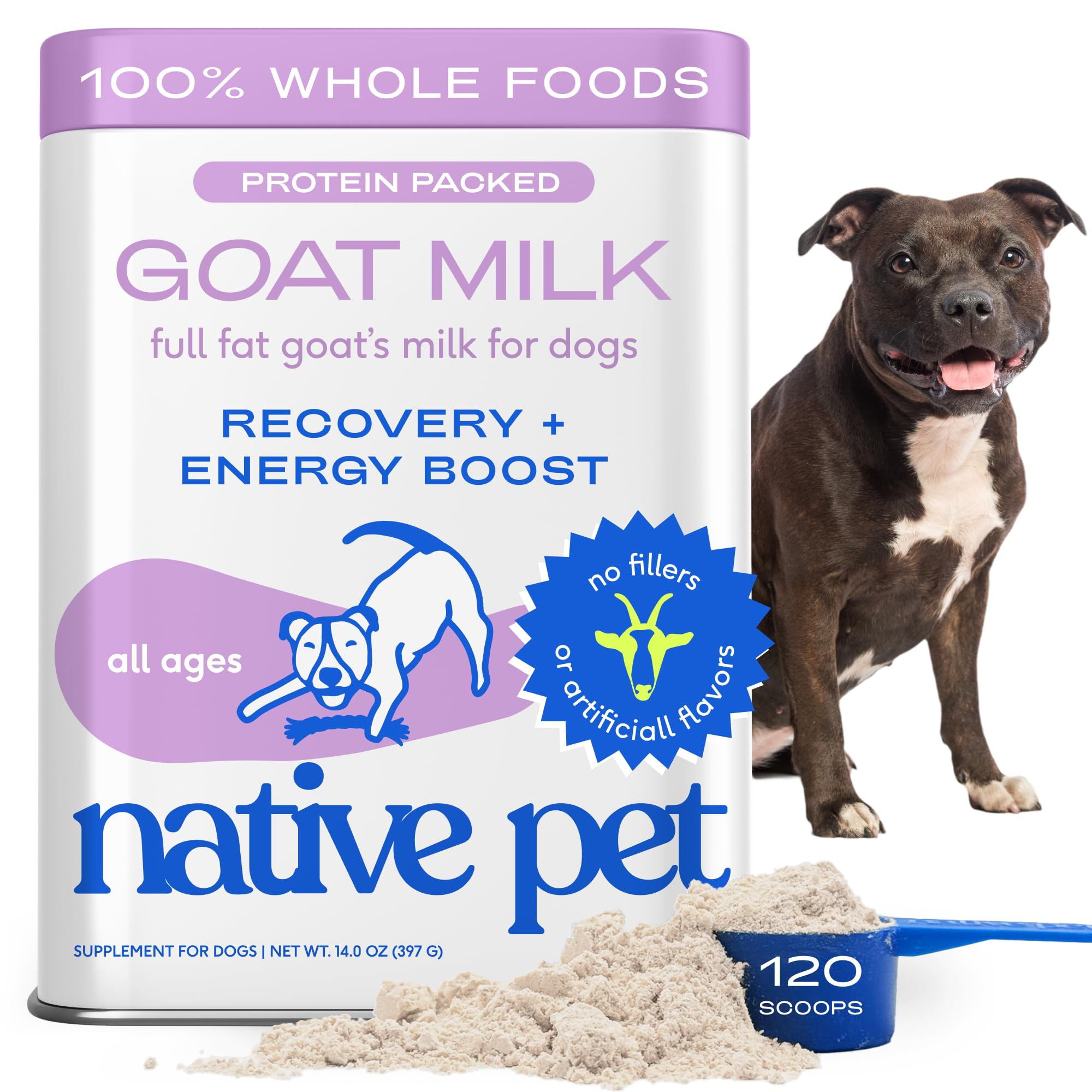 Native PetGoat Milk for Dogs - Organic Goat Milk Powder for Dogs and Cats - Puppy Formula Dairy Replacement Packed with Protein & Vitamins for Immunity, Recovery & Growth for Active Pups - 120 Scoops