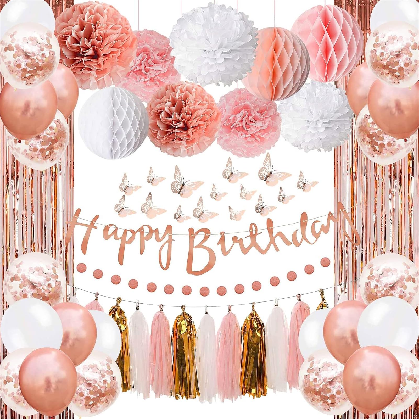 Birthday Party Decorations Kit for Women,Rose Gold Balloon Arch Kit Party Decorations for Girls-Butterfly Decors,Happy Birthday Banner for Women Girls Birthday Princess Party (Rose Gold)