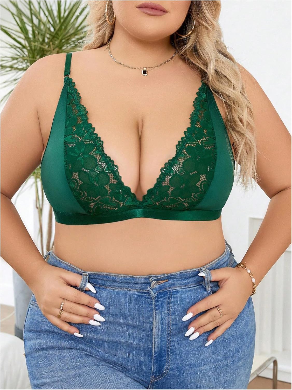MakeMeChic Women's Plus Size Lace Bralette Wireless Bra Deep V Neck Full Coverage Sheer Bralettes - Image 5
