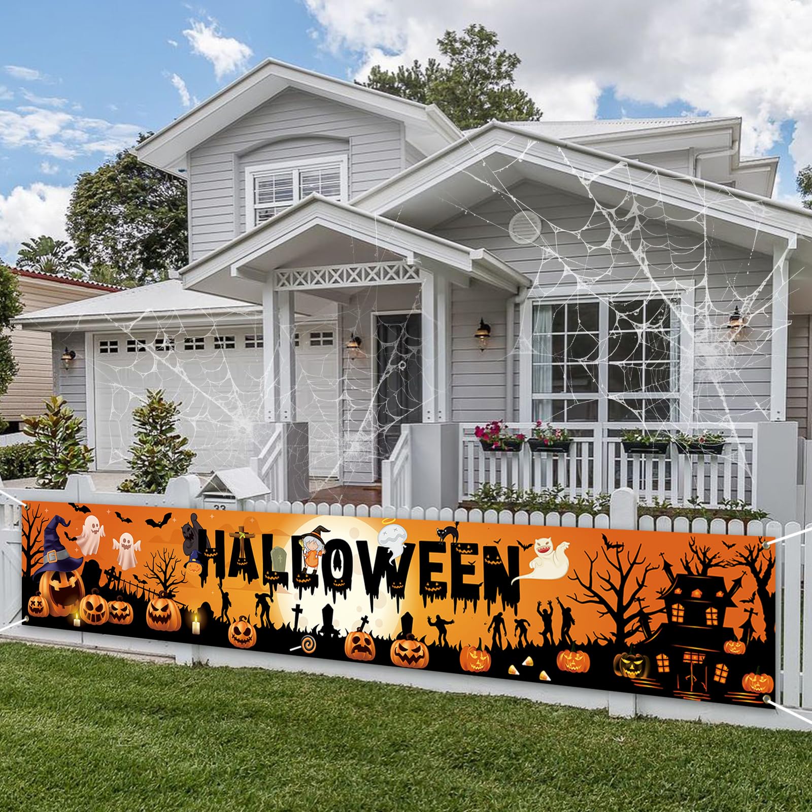 PartyYaa Halloween Banner Decorations, Long Halloween Banner Party Photo Booth, Pumpkin & Ghost Garden Fence Ornament for Indoor Outdoor (Orange)