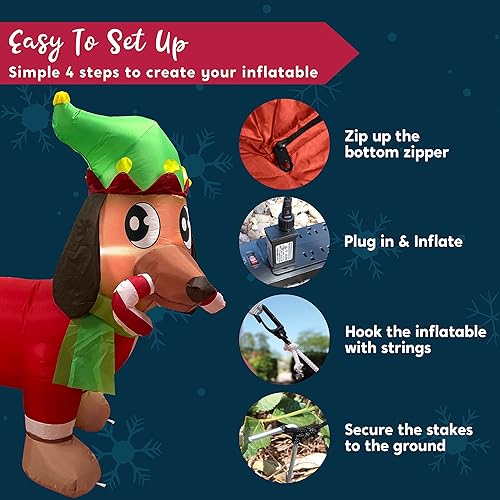 Miniatura 7 de Joiedomi Cachorro inflable de Navidad de 6 pies de largo sosteniendo un bastón de caramelo, decoración inflable de Navidad al aire libre con LED