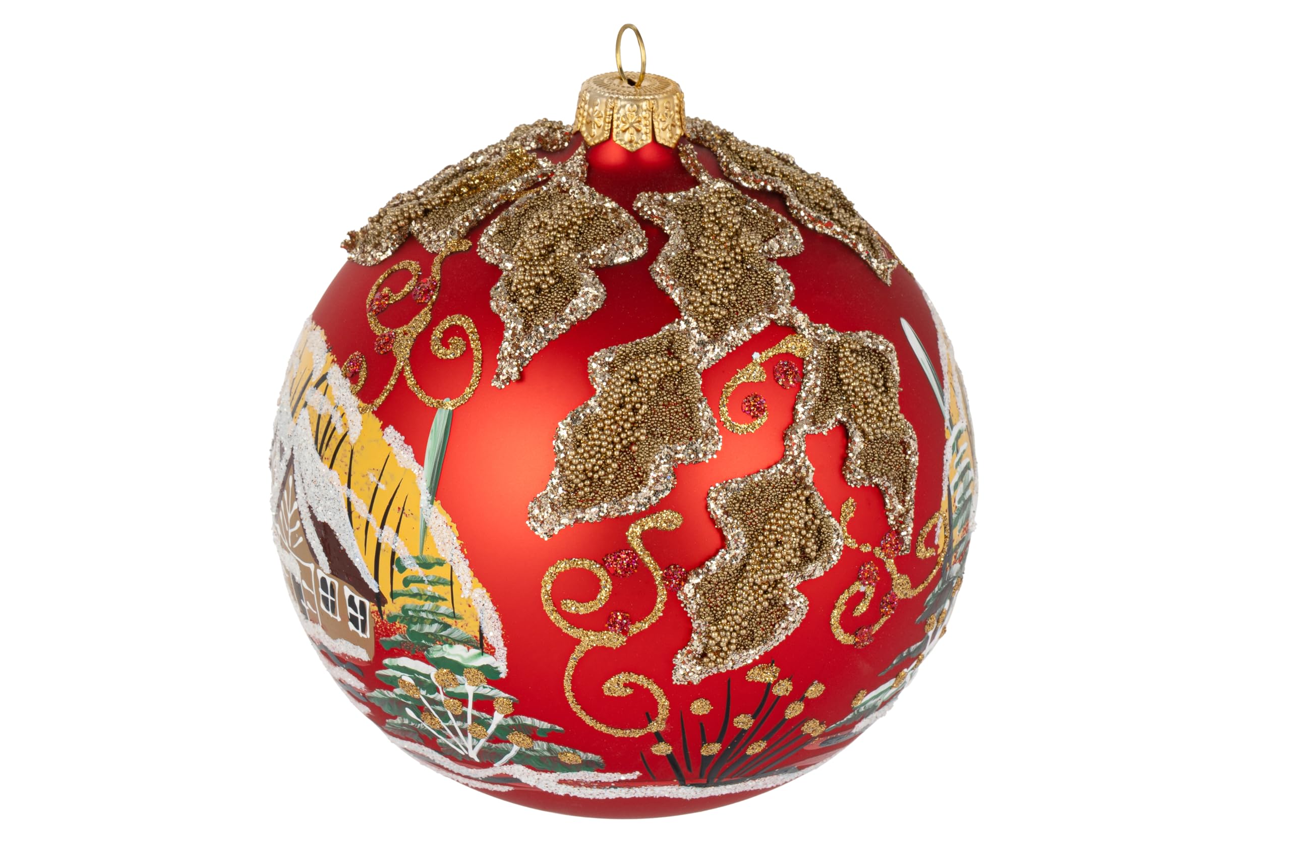 Bola de cristal soplado pintada a mano con diseño de Navidad, color rojo, tamaño mediano, 120 mm, hojas de muérdago