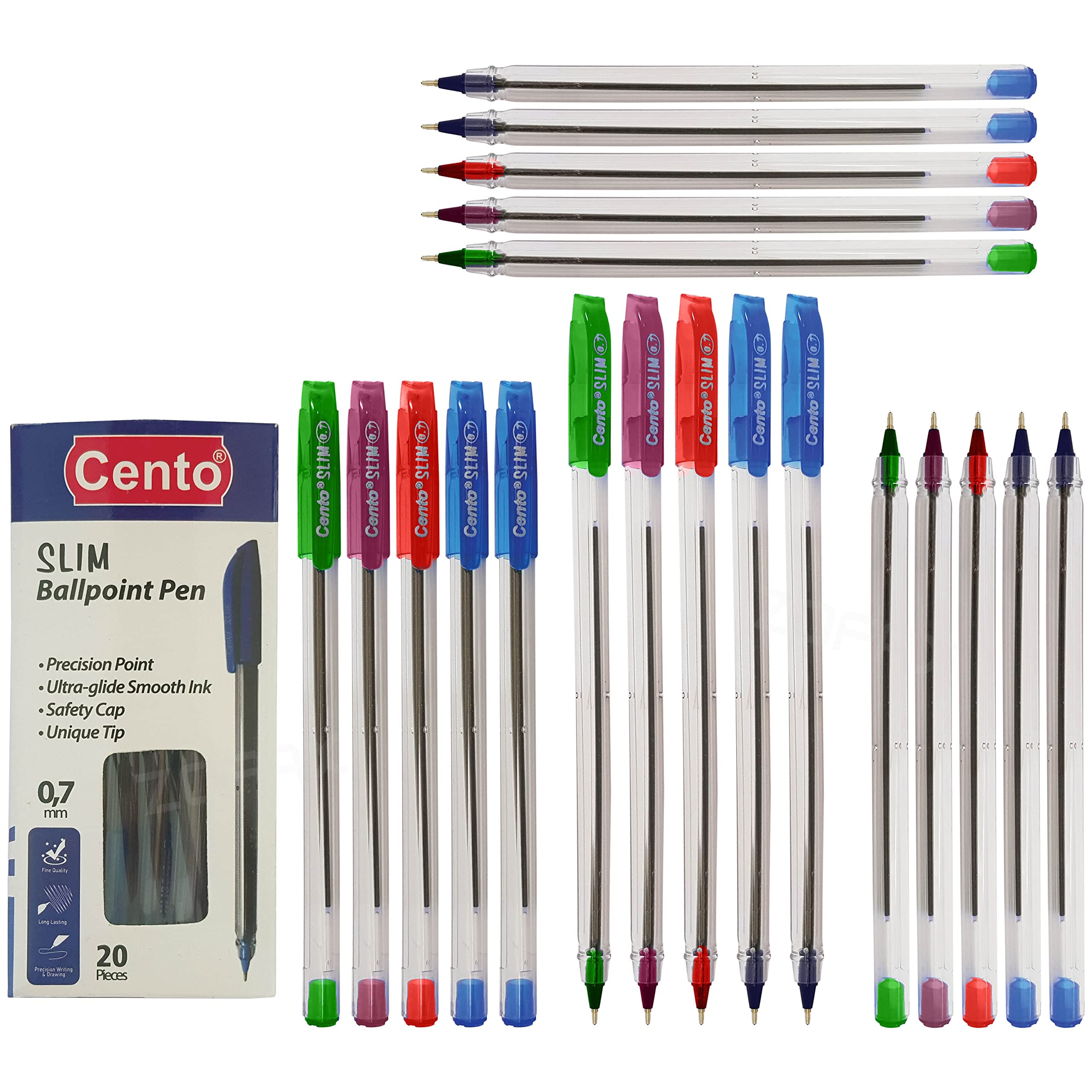 CENTO Slim Ballpoint Pens, BLUE, Fine Point (0.7mm), Pack of 20, Comfortable and Super-Durable Smooth Ball Pens, School Office Business Stationary Supplies, iZOFAX Black Ball Pen