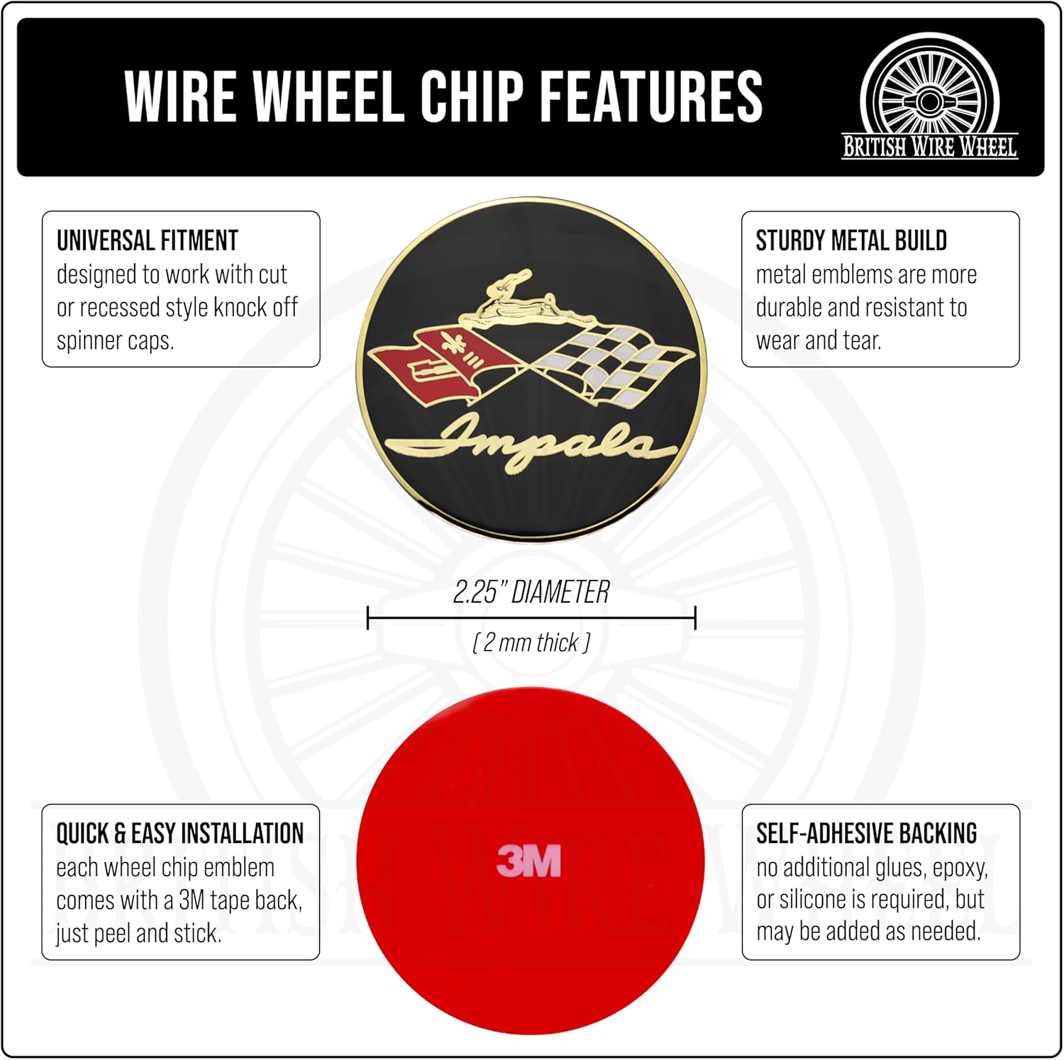 Impala Gold & Black Metal Wheel Chip Emblems (Set of 4) | 24K Triple Gold Plated Solid Metal Wheel Chip Emblems, 2.25" | for Lowriders with Cut or Recessed Knock Off Spinner Caps