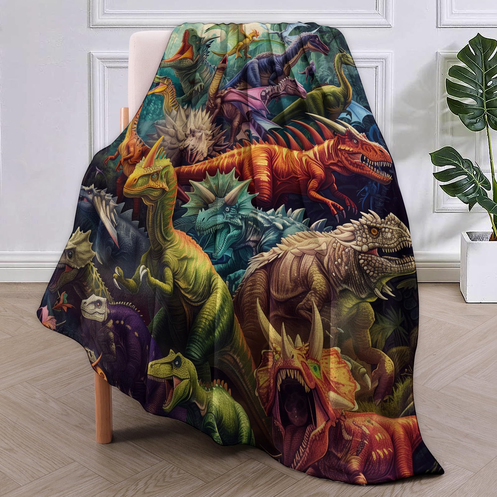 Dino Galassia - Coperta in flanella di pile con dinosauro, per divano, bambini, animali della giungla, simpatici