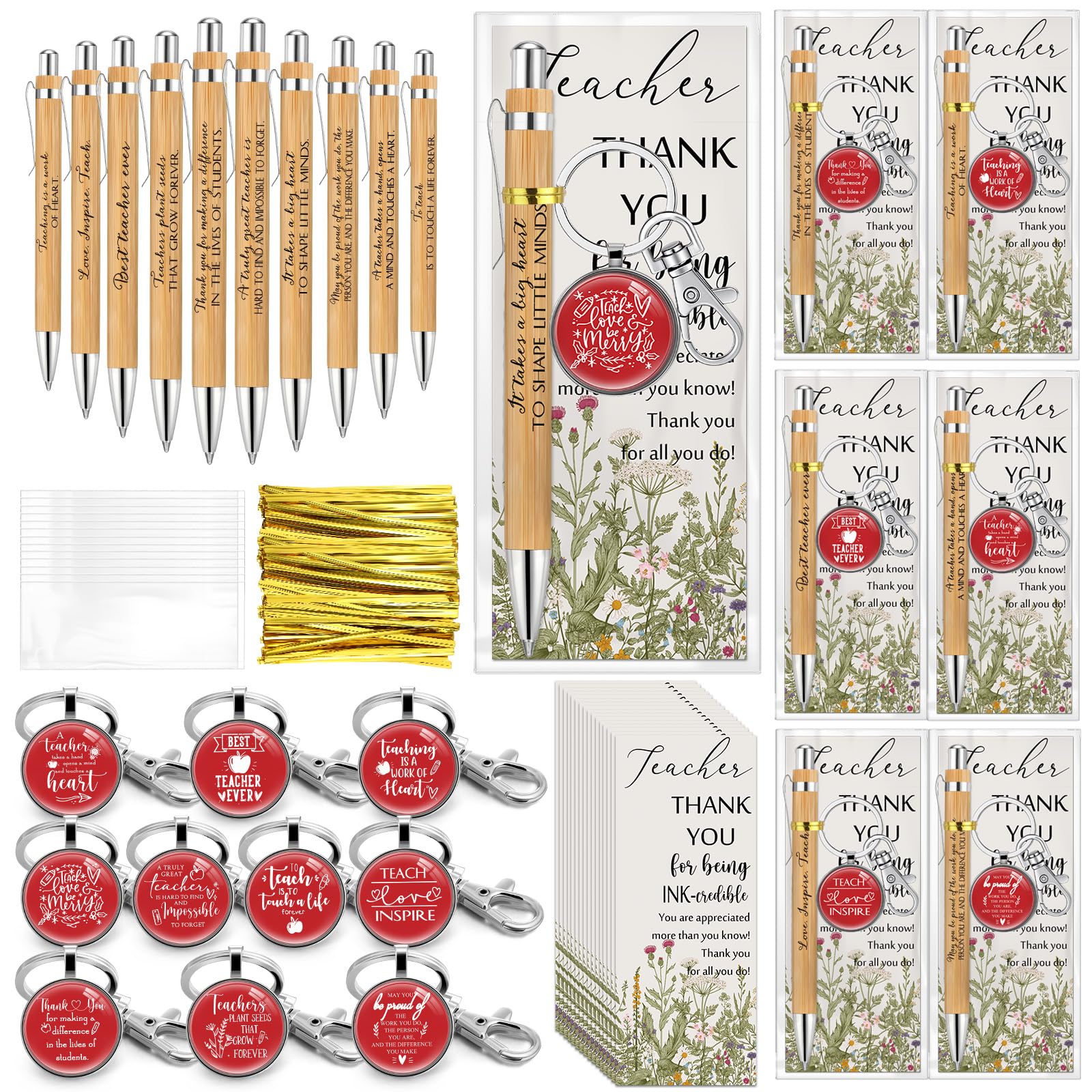 Motipuns 20 Sets Teacher Week Appreciation Gifts Bulk Thank You Teachers Gifts with Bamboo Pens Keychains and Inspirational Cards