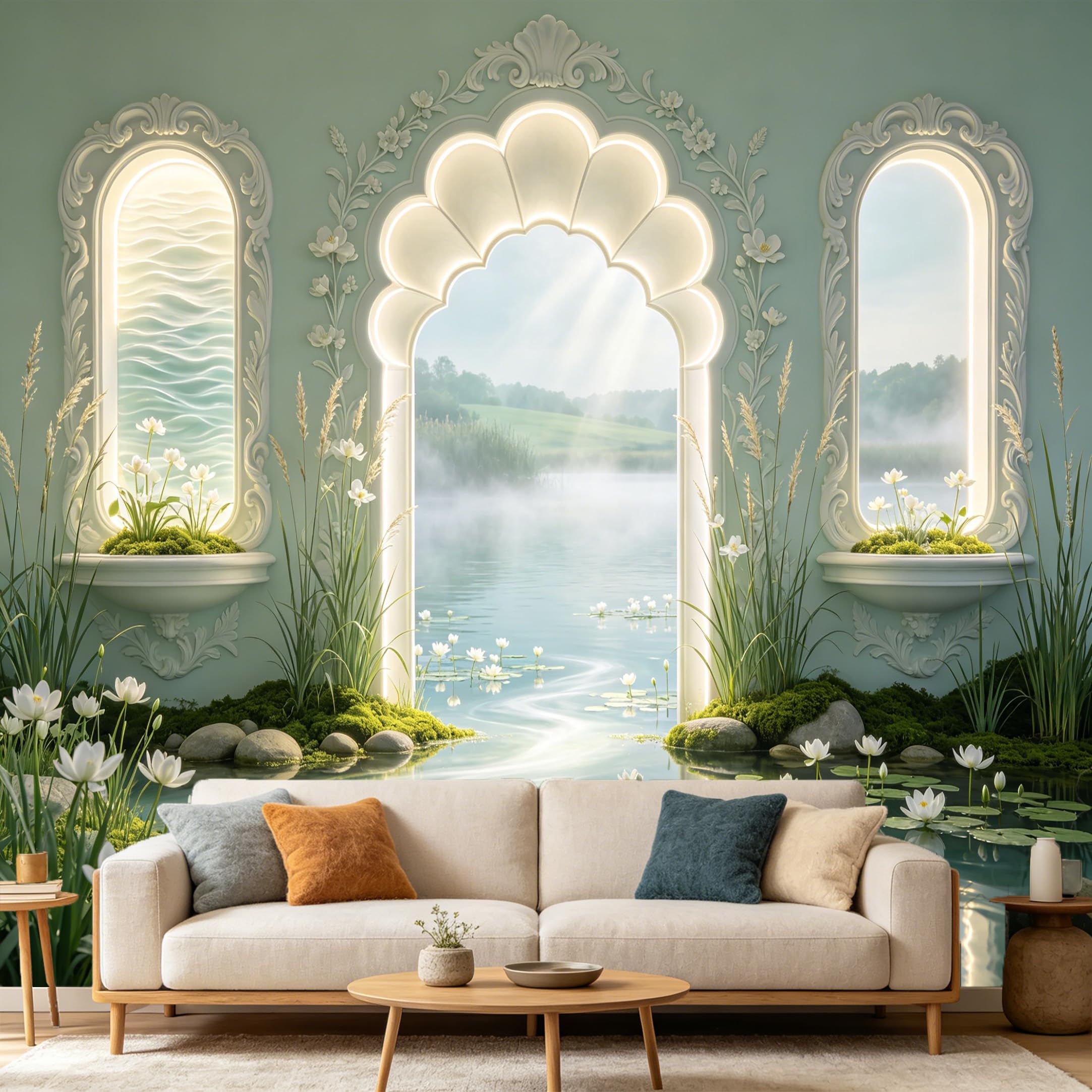 Custom Size Wall Mural， 3D Trompe L'Oeil Pond Archway Water Lily Lake Landscape， SelfAdhesive Art Prints wall Fabric Removable Large Wallpaper Home Living Room Decor