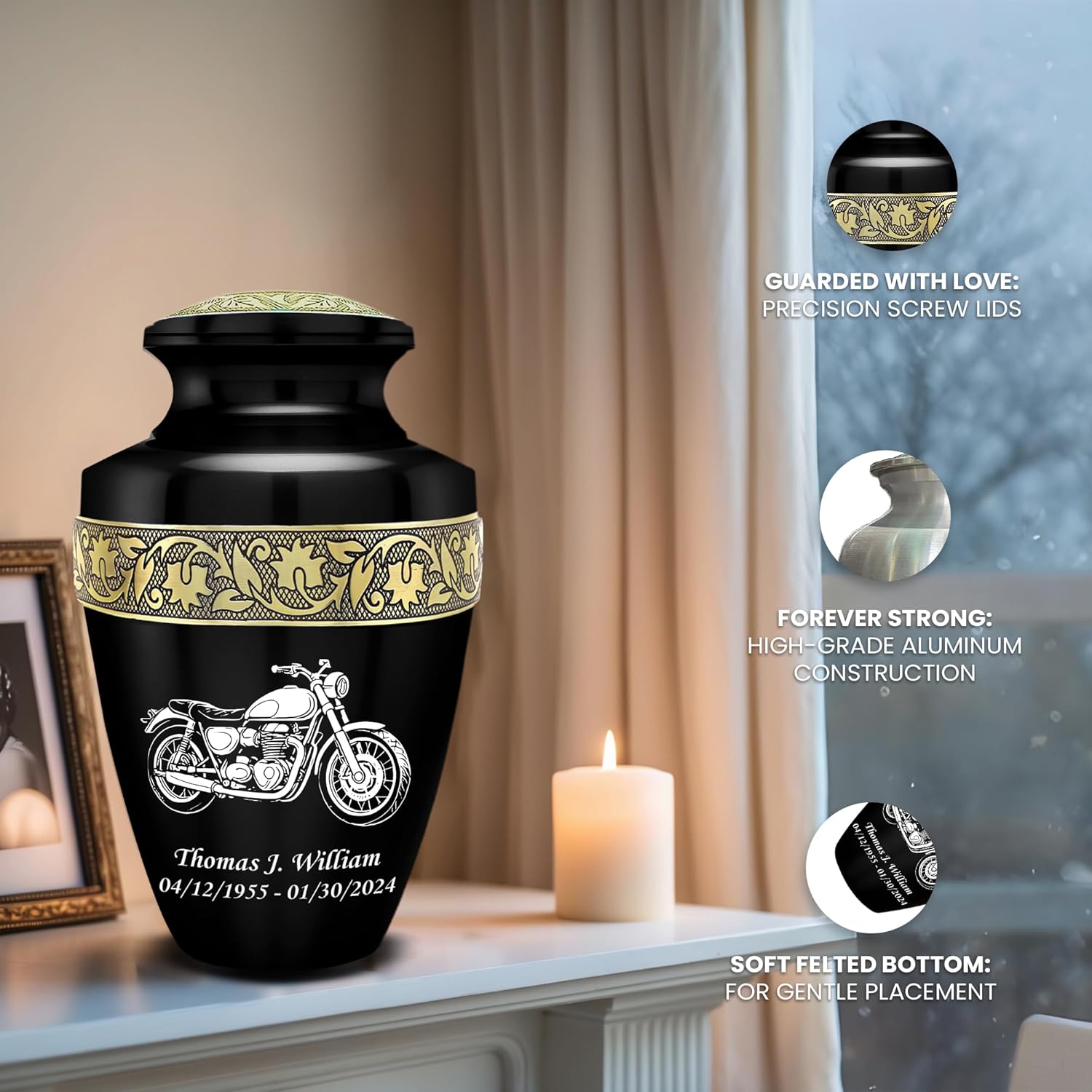 Set of 2 Custom Engraved Motorcycle Decorative Cremation Urns for Ashes Adult Male & Female - Includes 1 Large Urn and 1 Necklaceurn