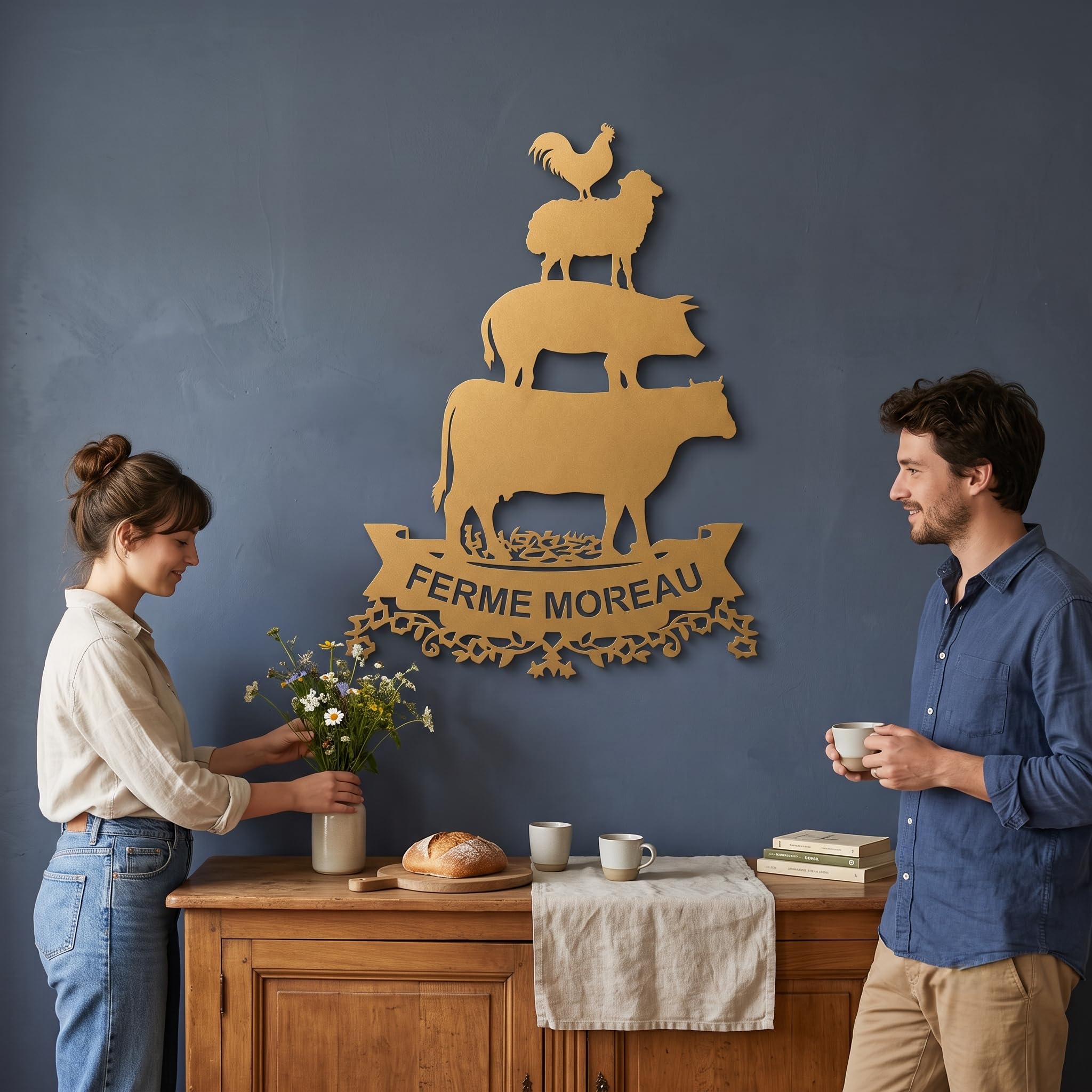 Arte de pared de metal personalizado con diseño de animales de granja, letrero de nombre de granja personalizado, decoración rústica de vaca, cerdo, oveja, gallo