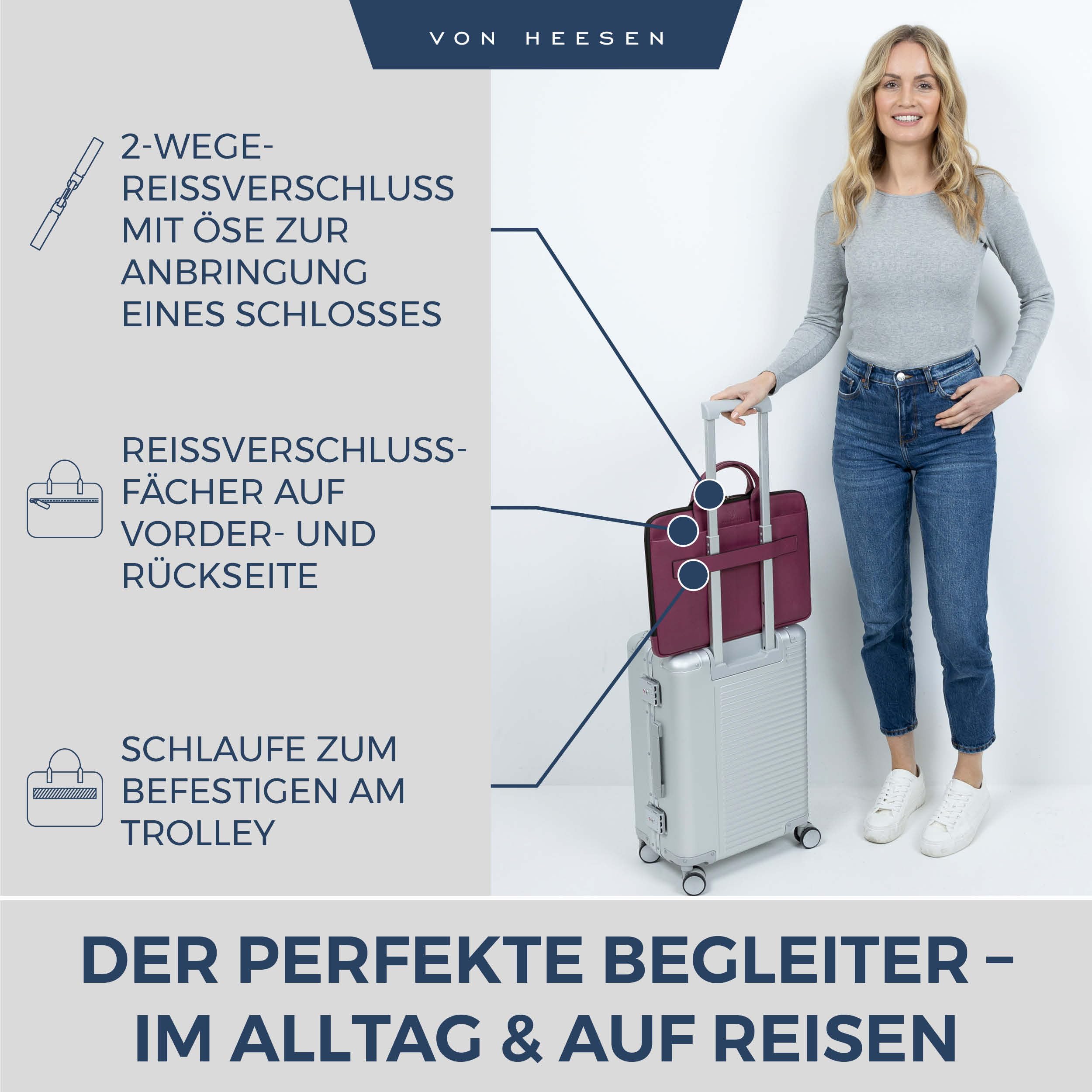VON HEESEN Leder Aktentasche Laptoptasche bis 16 Zoll aus hochwertigem Nappa-Leder