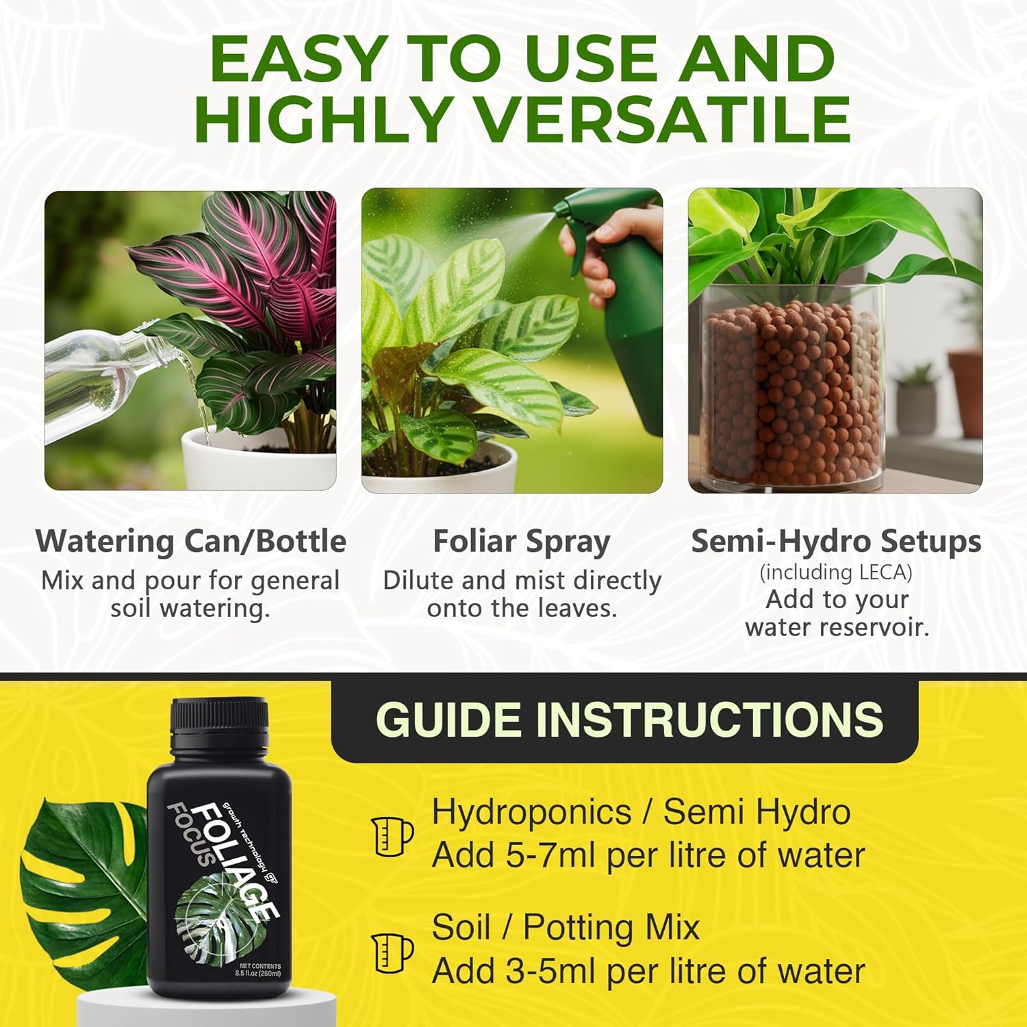Growth Technology GT Foliage Focus - Liquid Indoor Plant Food for Houseplants, Tropical Plants, Aroids, Ferns and Palms - Concentrated Formula for Vibrant Leaves and Dense Foliage - 8.5 fl oz (250 mL)