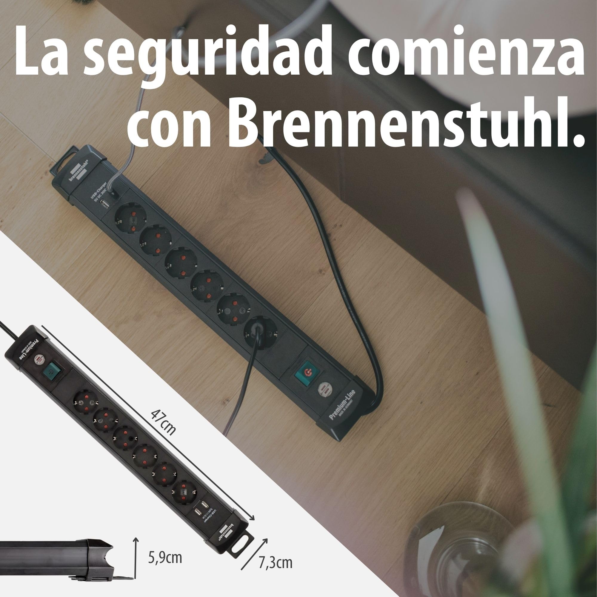 Brennenstuhl Premium-Line regleta de enchufes con 6 Tomas de Corriente y USB (Cable de 3m, Carga USB, Interruptor, montable, Fabricado en Alemania) Negro