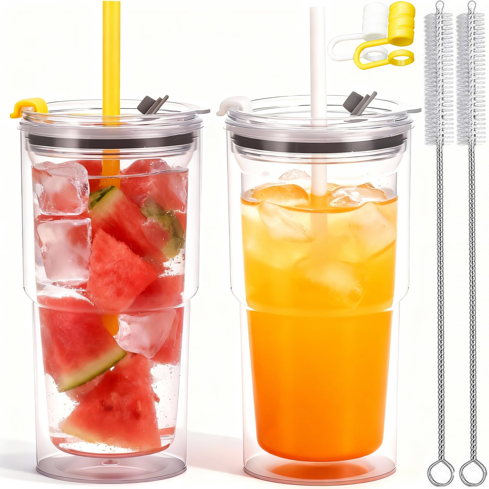 CuppaLifes 510ml Plastic Cups with Lids and Straws, Double Wall Reusable Coffee Cup, Translucent Travel Mug for Hot Drinks (2, Yellow, Clear)