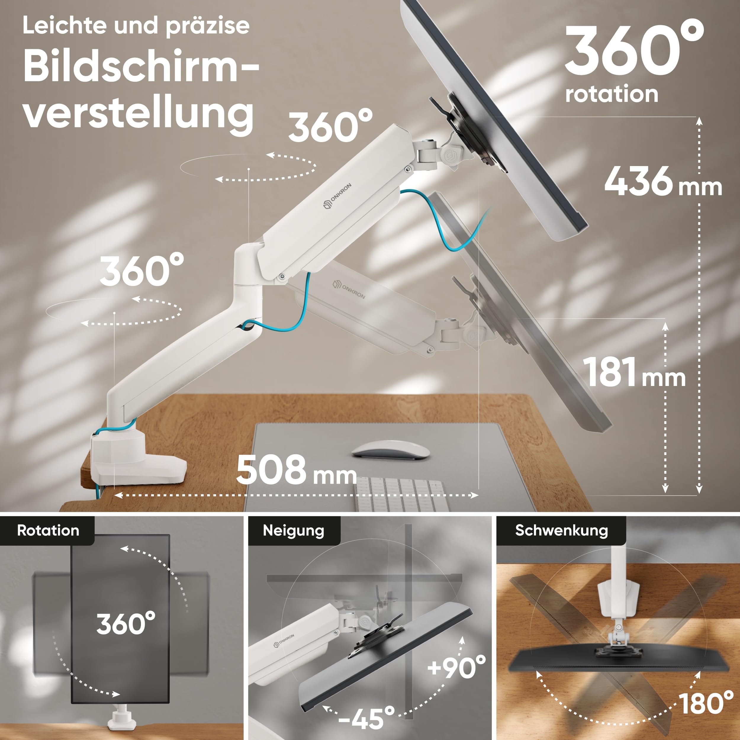 ONKRON Monitor Halterung für 13-32 Zoll Bildschirm bis 10 kg, Gasdruckfeder Arm, Bildschirmhalterung mit Schnellwechsel-VESA 75x75 & 100x100, Höhenverstellbar Schwenkbar Drehbar, Weiß G80-BW