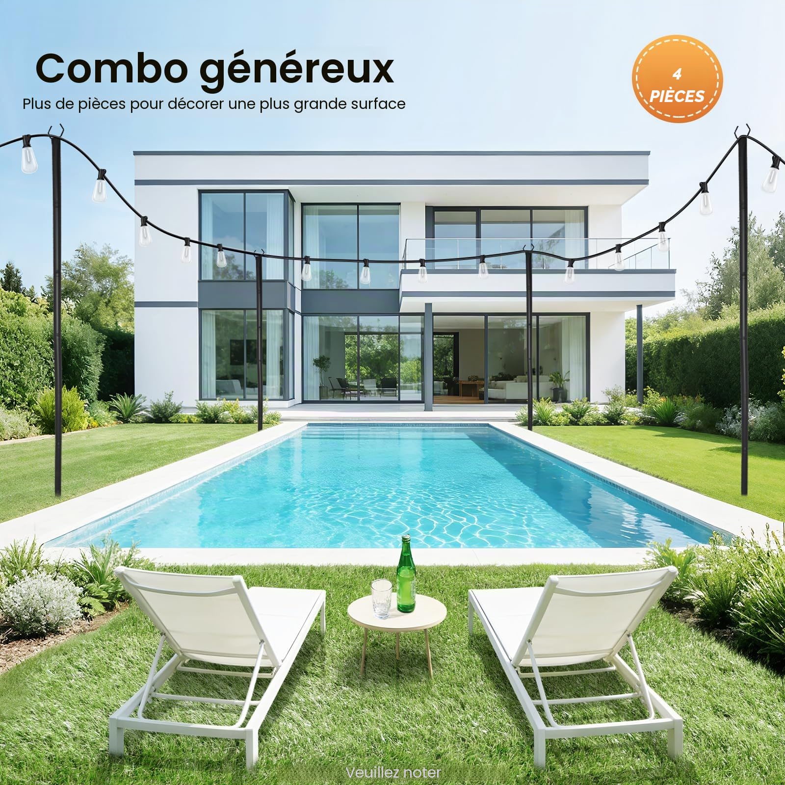 Lot de 4 mâts de guirlande lumineuse de 3 m avec piquet et fourche en forme de U - Barre lumineuse d'extérieur pour jardin, terrasse, balcon - Crochet de berger en fer pour guirlandes
