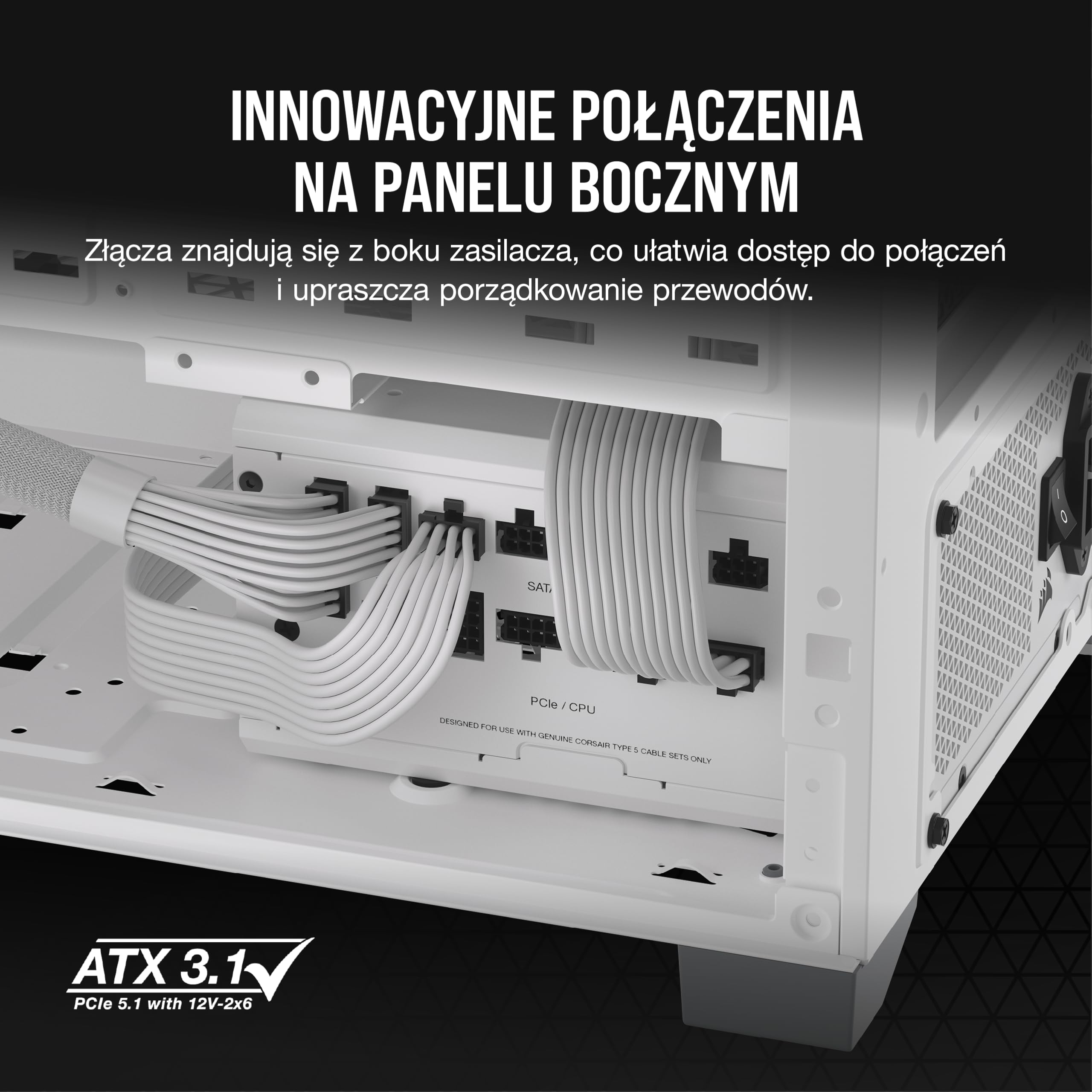 CORSAIR RM850x SHIFT Pełni Modułowy Zasilacz ATX - 80 PLUS Gold - ATX 3.1 - PCIe 5.1 - Zero RPM - Modułowy Interfejs Boczny - Biały