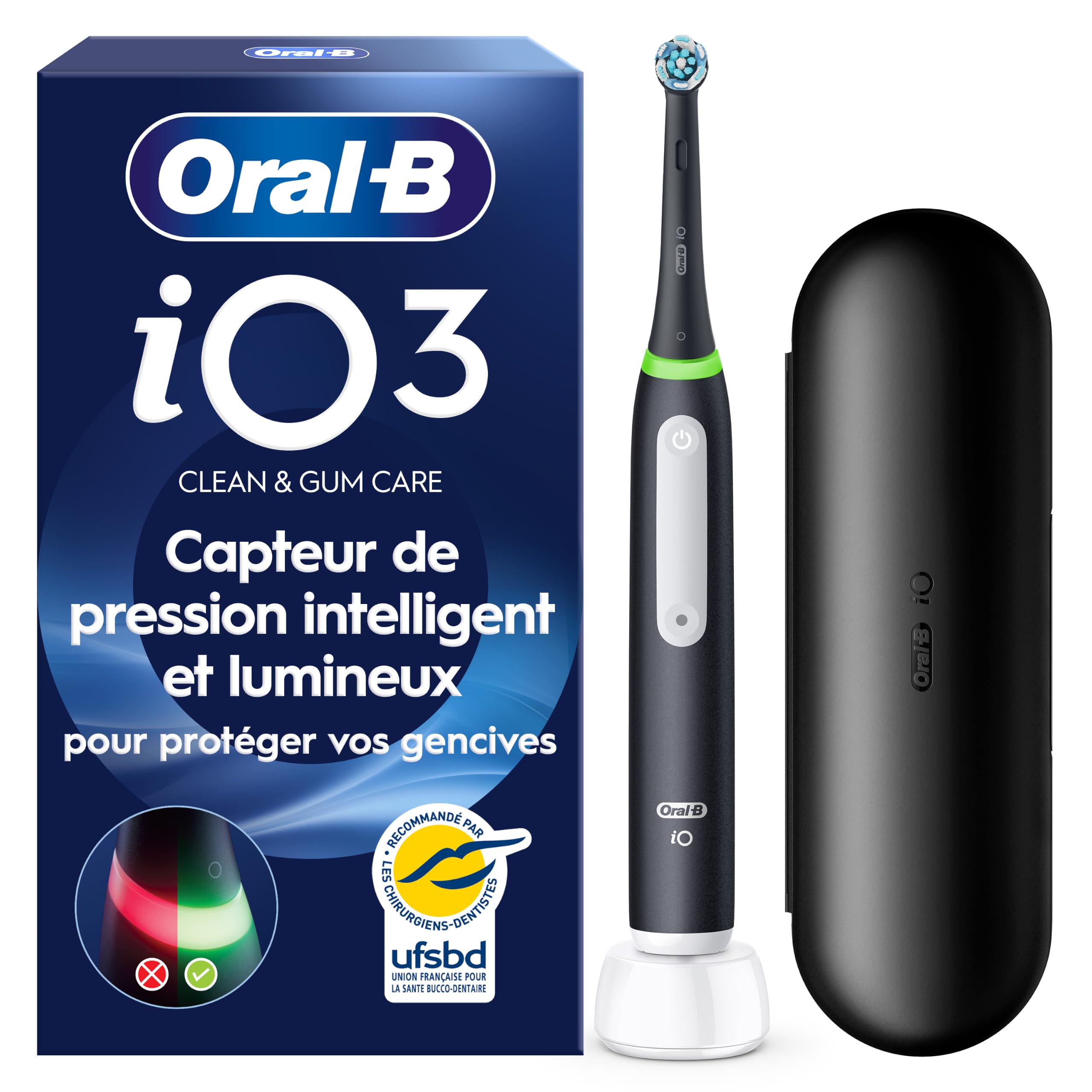 Oral-B iO 3 Brosse À Dents Électrique, Noir Mat, 1 Tête De Brosse, Batterie Longue Durée, Support De Tête De Brosse