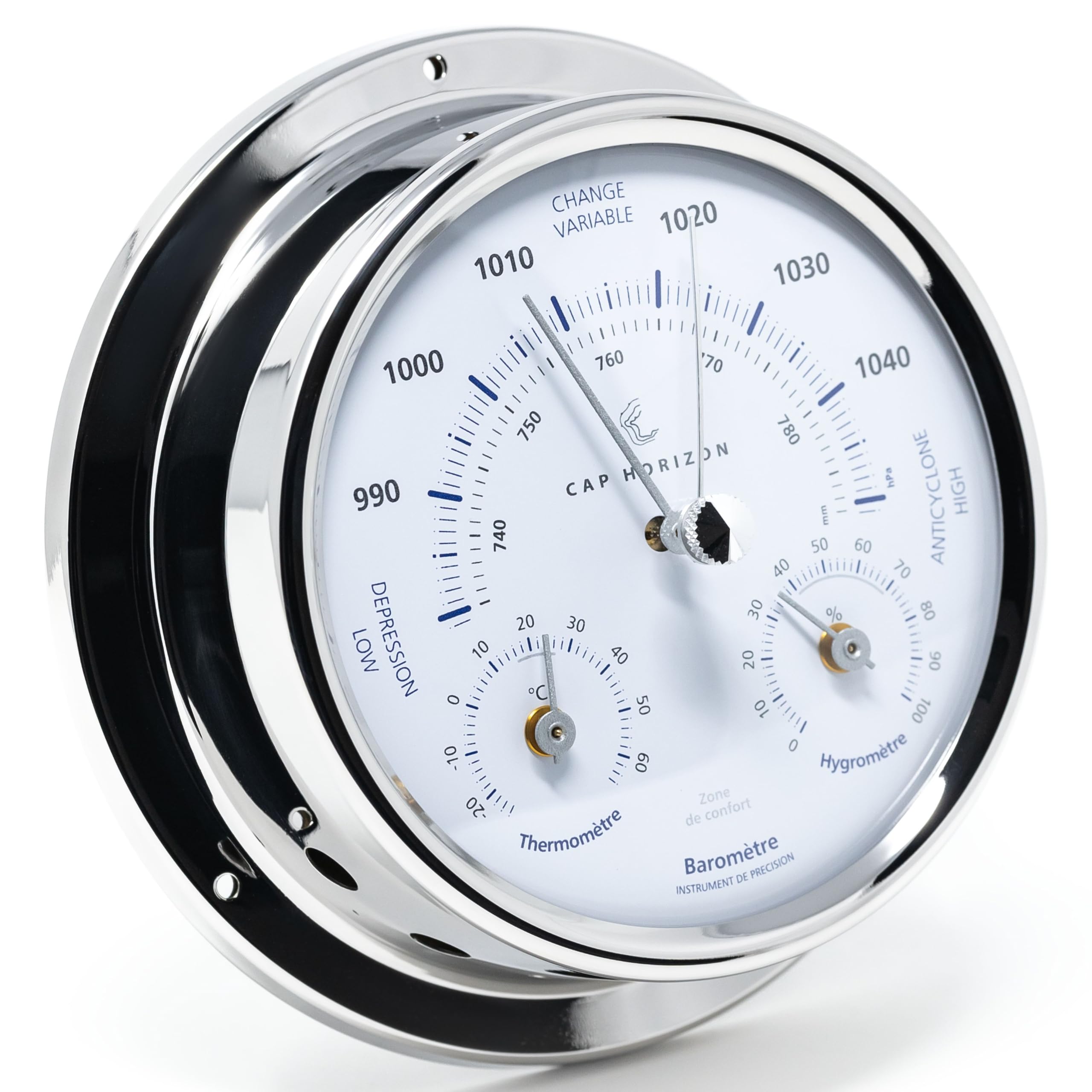 CP100BTH500NX Wetterstation, Glas, Edelstahl poliert | Wetterwarte mit Barometer, Hygrometer, Thermometer, 12,5 cm Durchmesser, Made in Germany