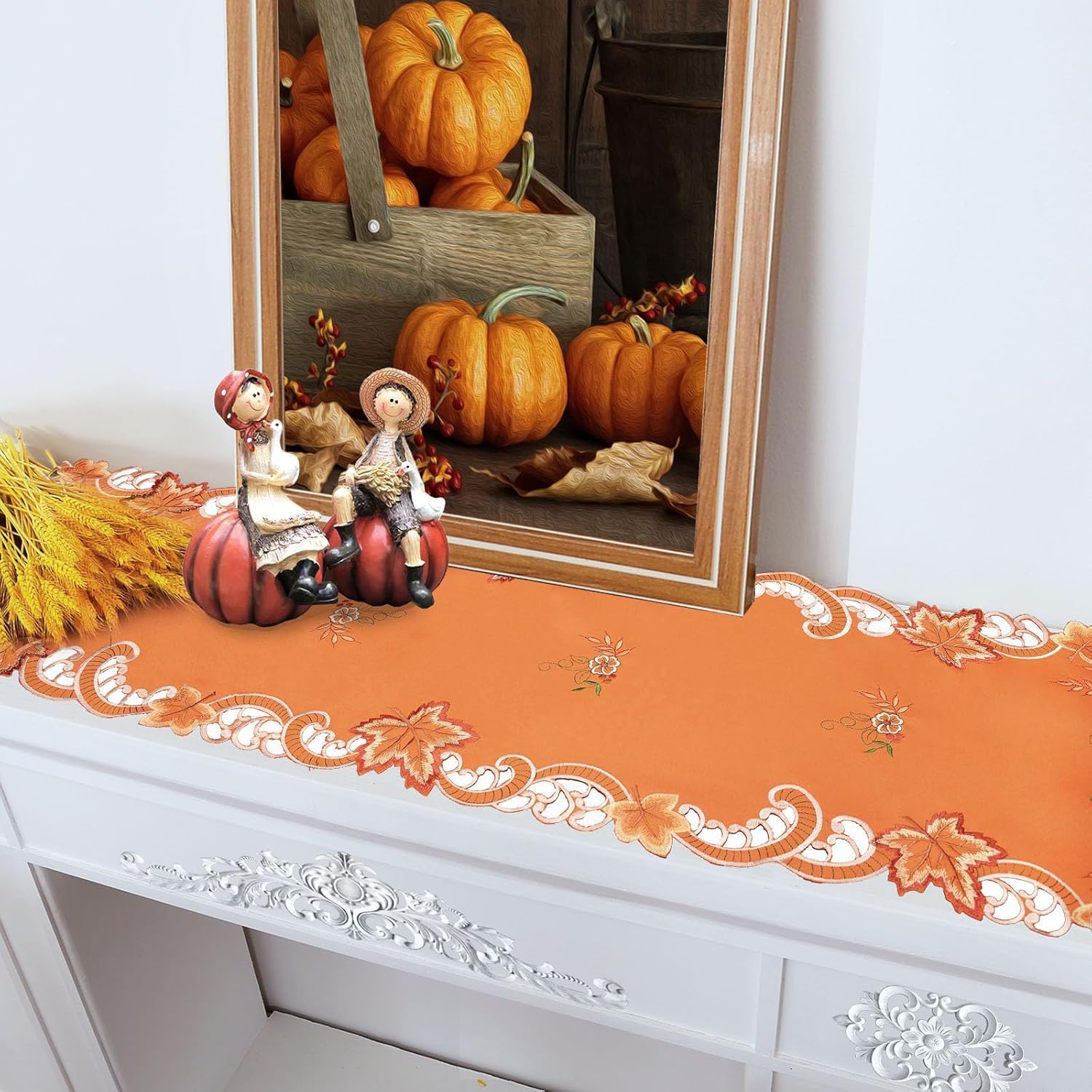 Simhomsen Embroidered Pumpkins Orange Table Runner for Fall, Autumn and Thanksgiving (14 x 88 inches)