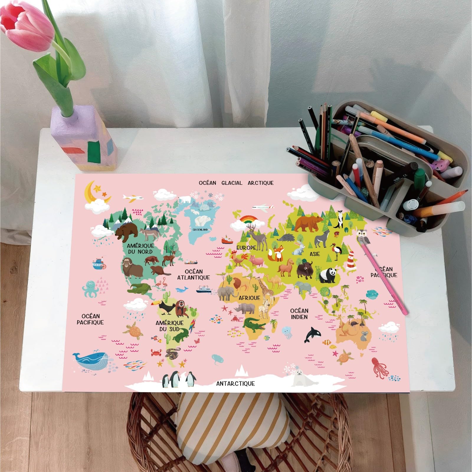 Carte du Monde Animaux Rose Français Sous-main Enfant 40x60cm Tapis Bureau Imperméable Cuir PU Double Face Effaçable