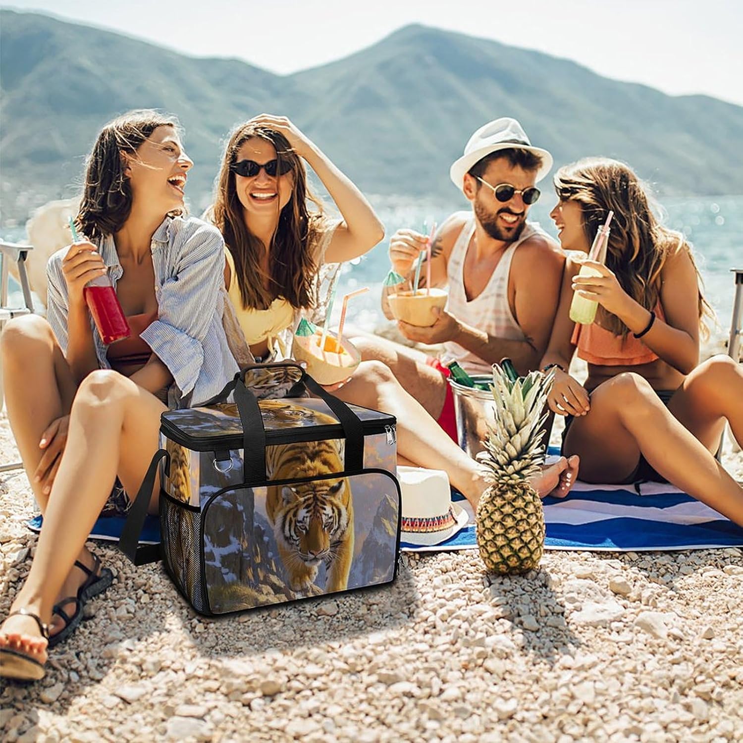 Insulated Picnic Backpack Tote Bag, Large Capacity 30L Tiger Descending Mountain Cooler Bag Leakproof Beach Bags Portable Lunch Box Waterproof Picnic Basket for Beach Camping BBQ