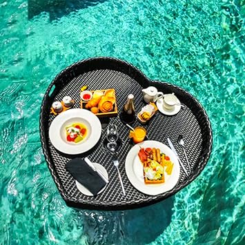 Floating Tray for Pool, Floating Pool Table, Floating Drink Holder for Pool, Floating Bar for Pool, Rattan Breakfast Tray On The Water, Floating Serving Tray Black Round