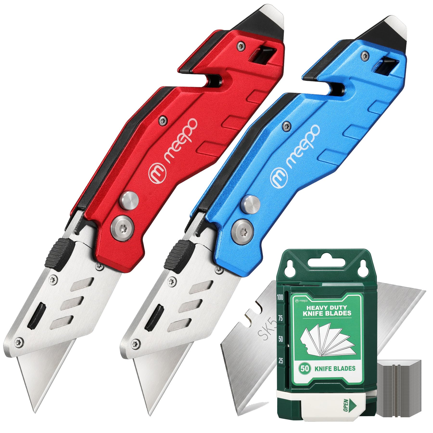 M MEEPO 2-Pack Box Cutter, Heavy Duty Folding Utility Knife, with 50 Blades