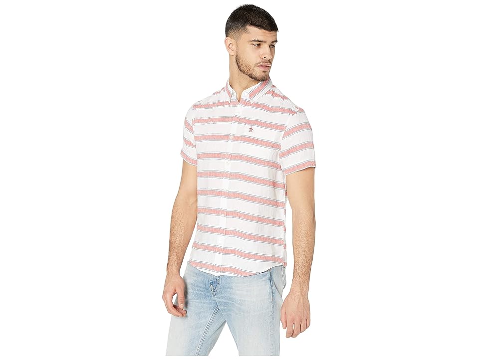 

Original Penguin Short Sleeve Linen Bold Stripe Shirt (Bright White) Men's Clothing