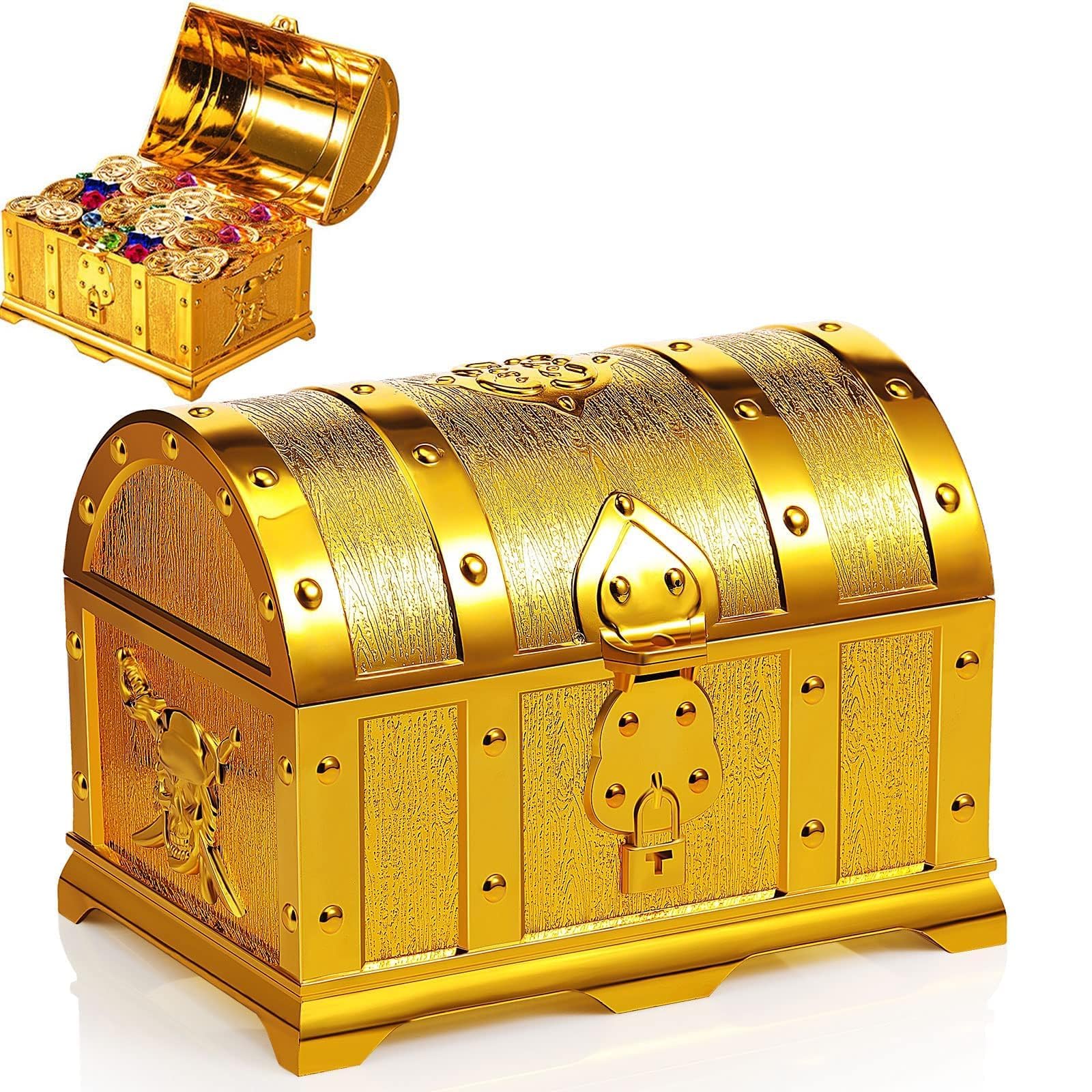 Pirate Treasure Chest, Vintage Treasures Collection Storage Box, Gold Treasure Box Vintage Prize Box Plastic Toy Box Treasure Chest Toys Games Activities Amusements for Classroom Party Favors Props